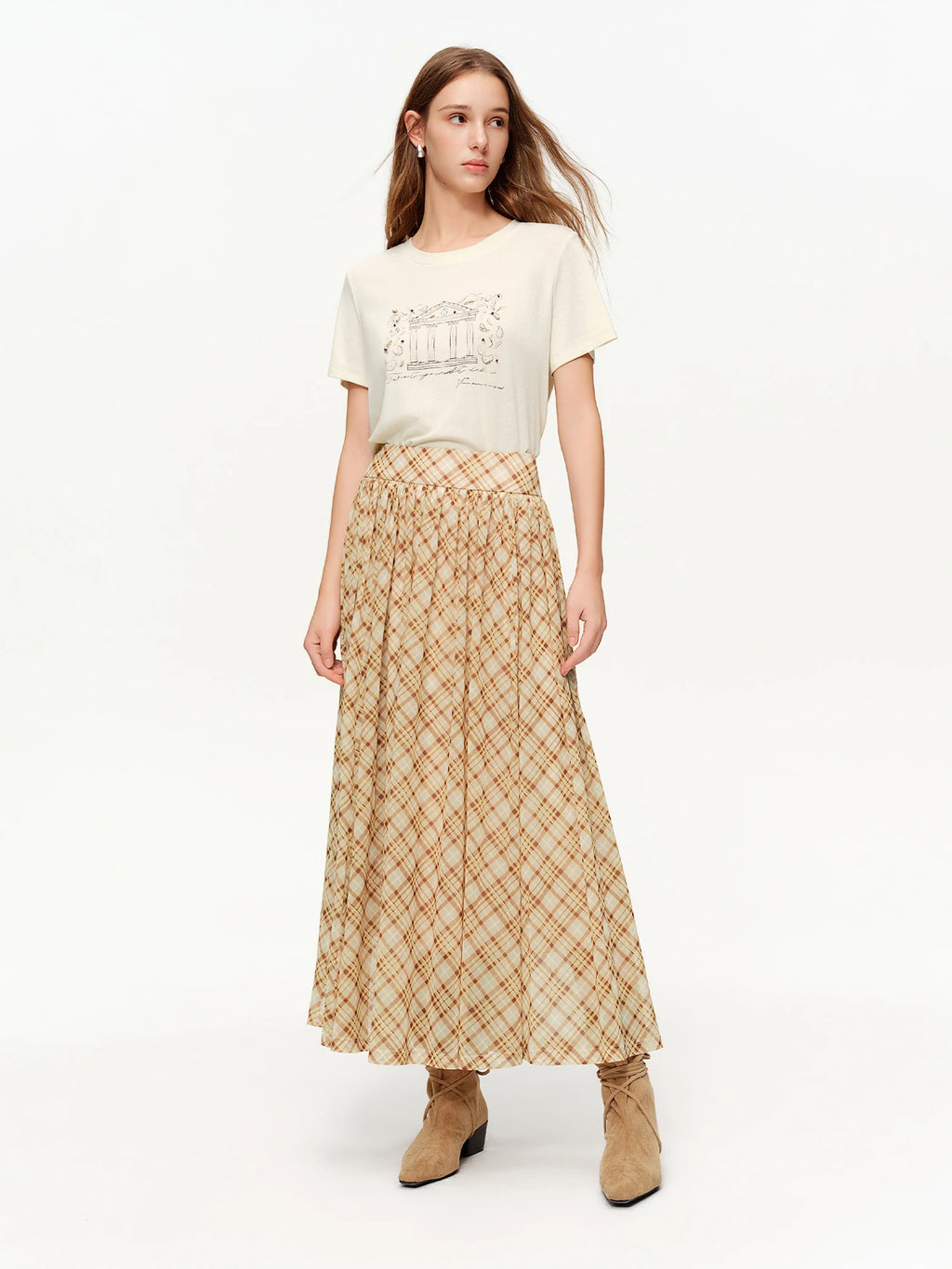 DUSHU Brown Retro Plaid Mesh Midi Skirt 2026 Spring New Arrival Fashionable Long A-line Skirt Romantic Holiday Urban Style