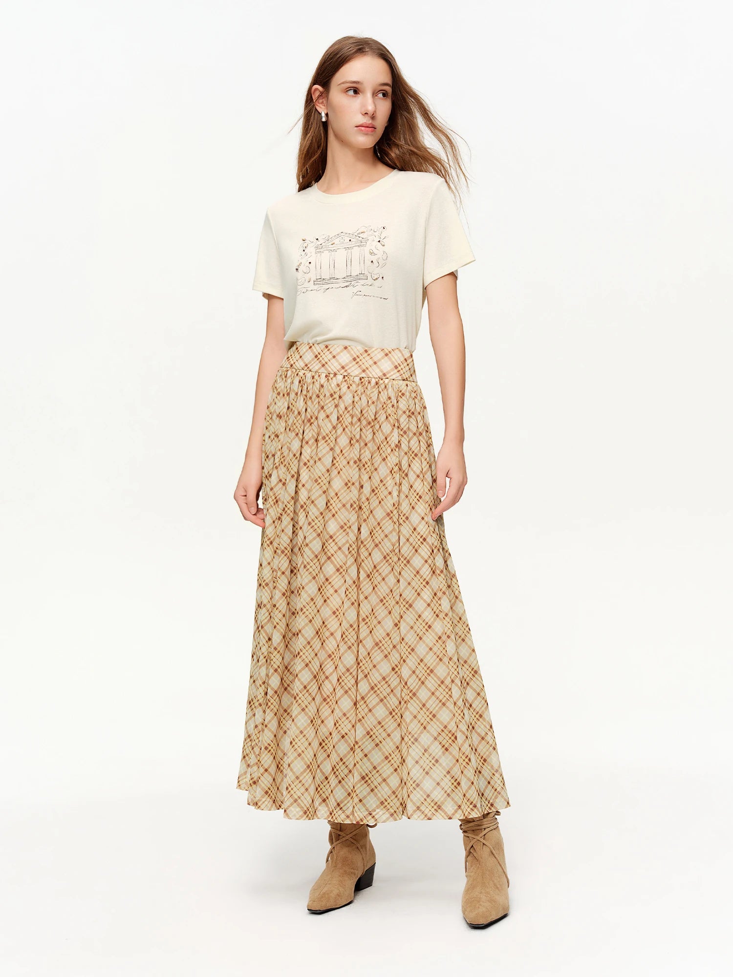 DUSHU Brown Retro Plaid Mesh Midi Skirt 2026 Spring New Arrival Fashionable Long A-line Skirt Romantic Holiday Urban Style