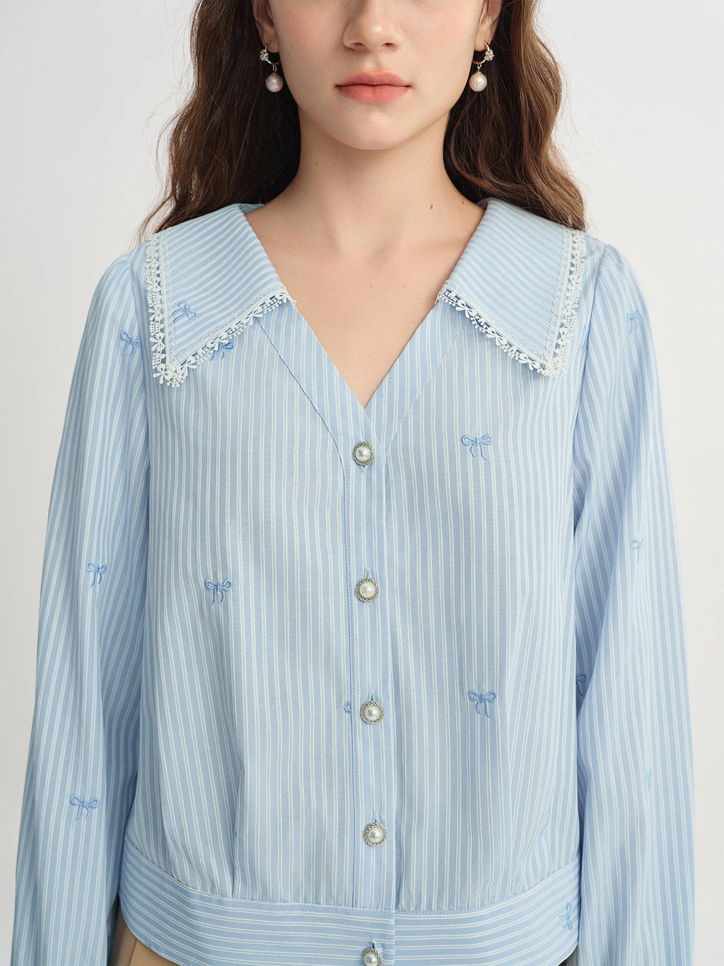 DUSHU Plus Size Women's Lace Trim V-Neckline Striped Shirt Fall 2025 New Arrival Fashion Commuting Top Women Shirts