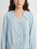 DUSHU Plus Size Women's Lace Trim V-Neckline Striped Shirt Fall 2025 New Arrival Fashion Commuting Top Women Shirts