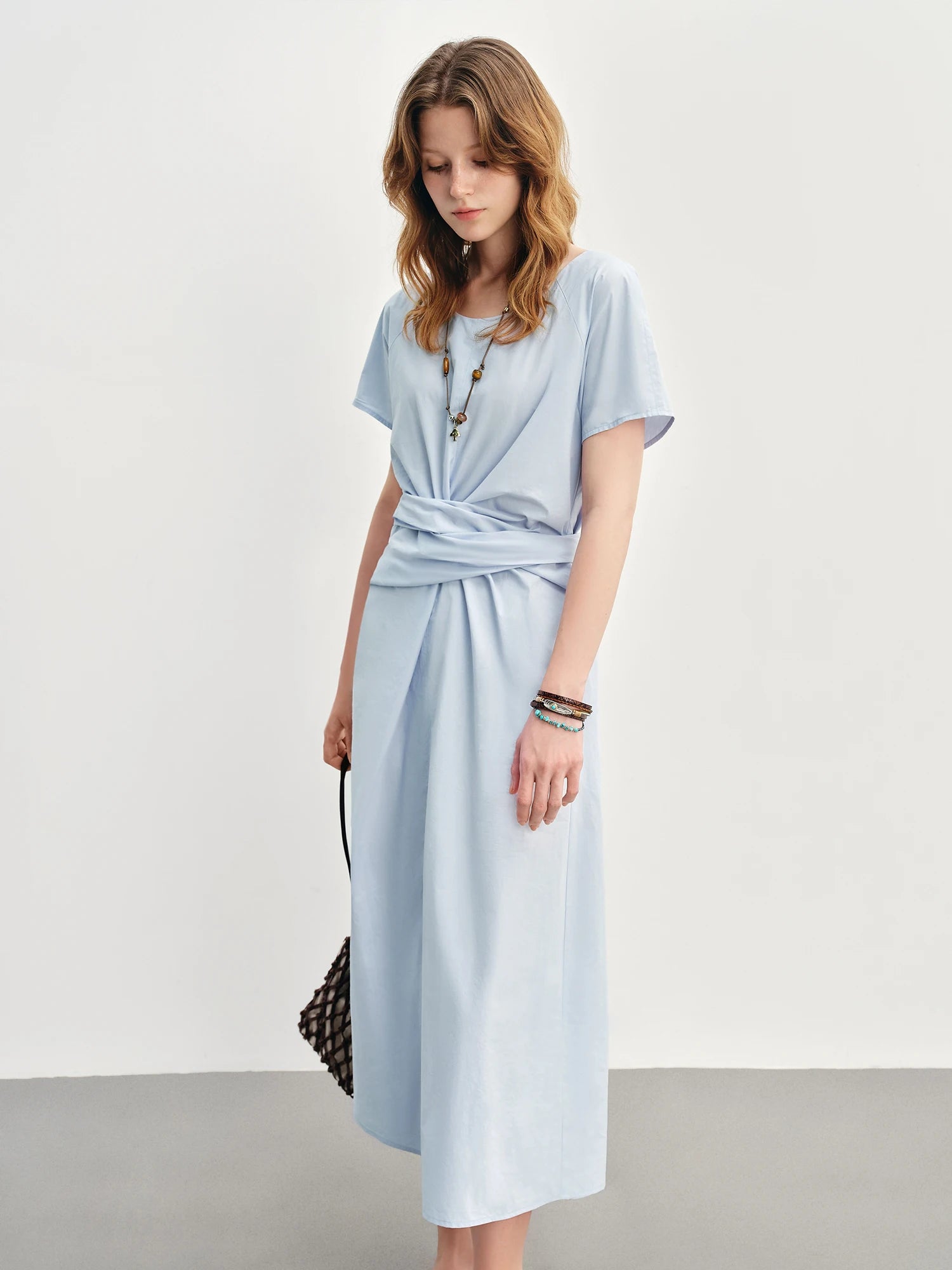 DUSHU Women's Pleated Tie HIgh Waist Mid-length Dress For Women 2025 Summer New Waist Slimming Irregular Dress 25DS88012