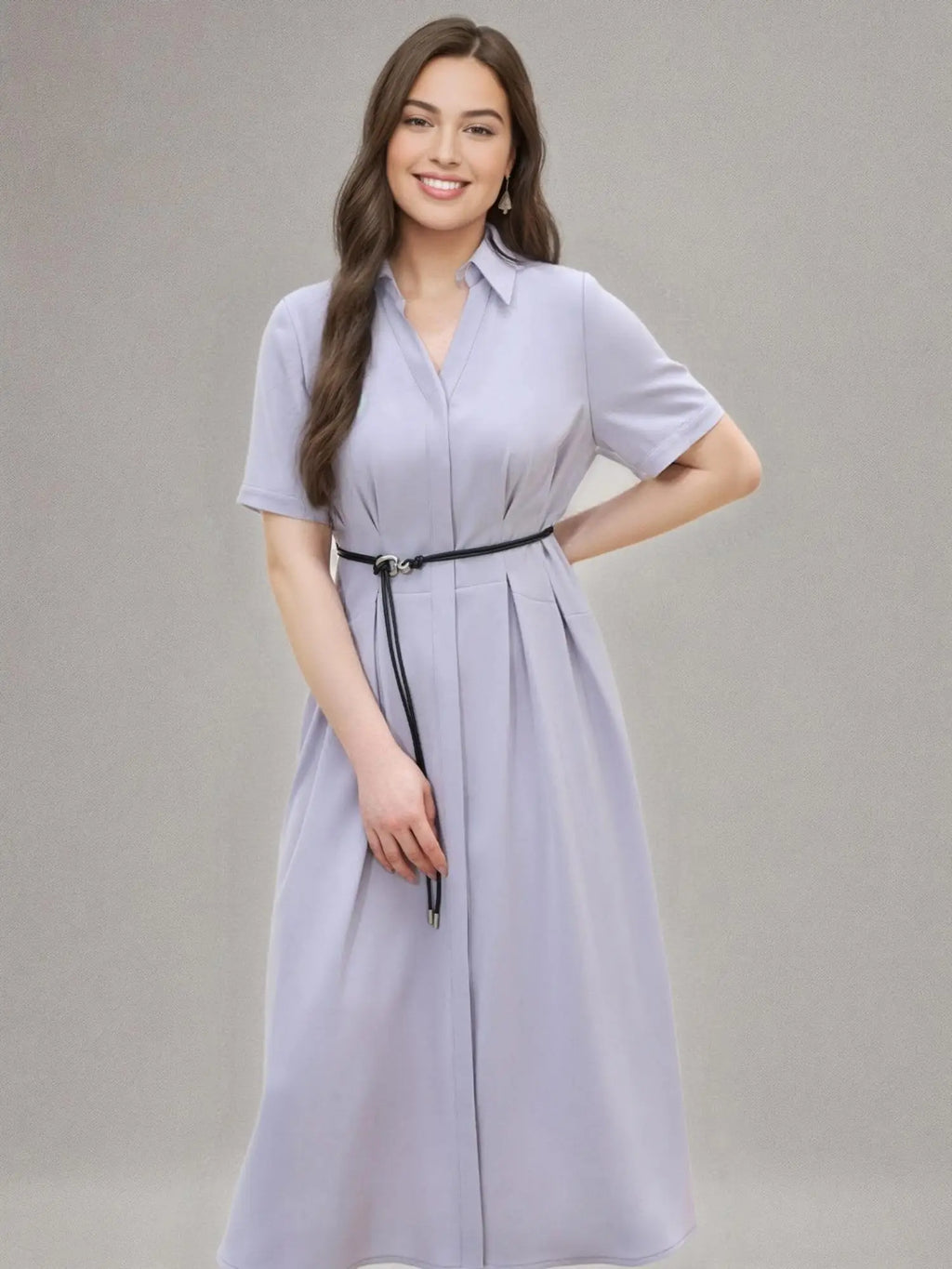 DUSHU【3 Colors】Women Turn-down Collar Shirt Dresses Pleated Design High Waist Commuter Long Dress Without Sashes 25DS82467