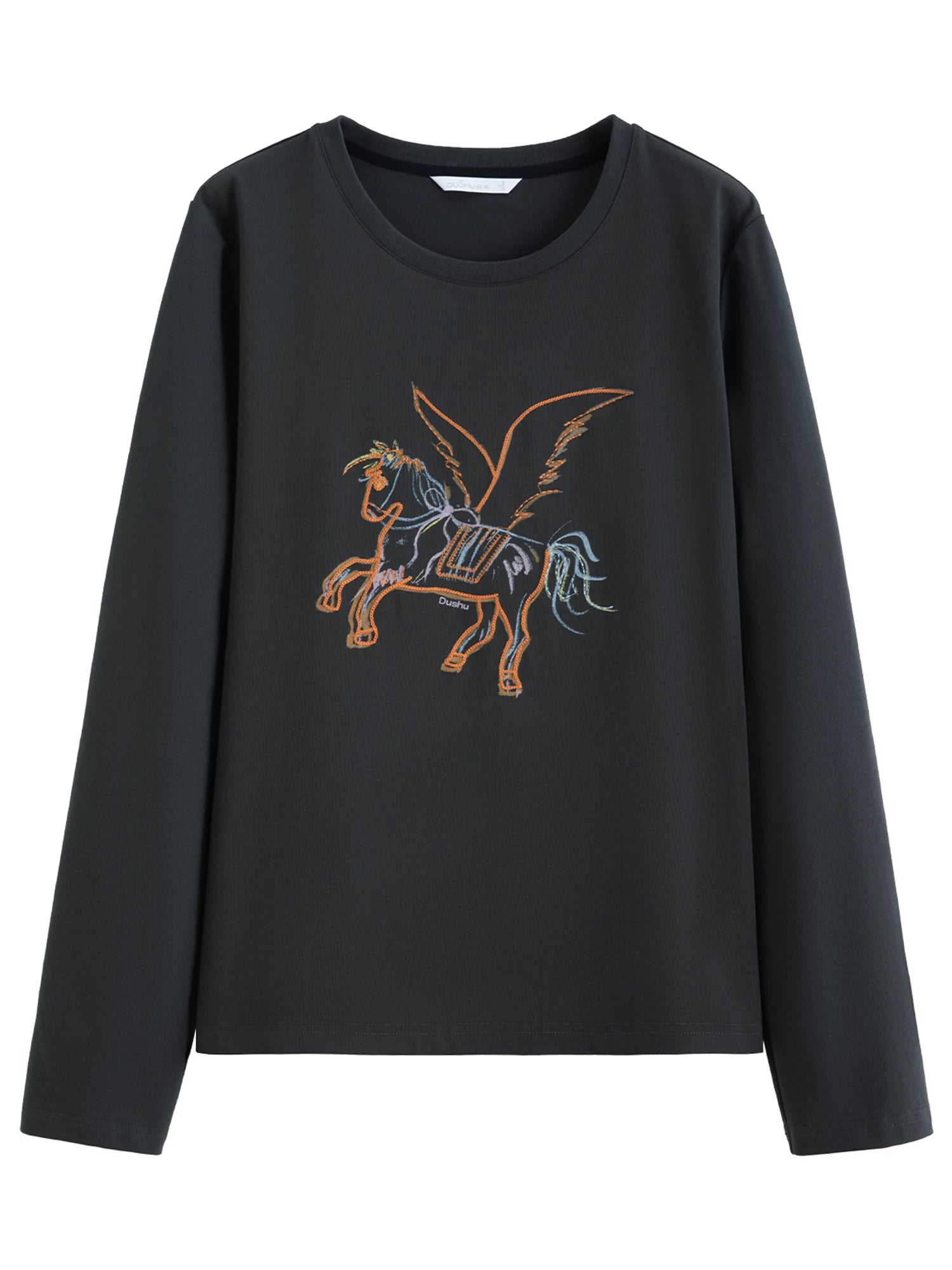 DUSHU 2026 Spring Women's Embroidered Long Sleeve T-shirt - Loose Fit Top with Artistic Pattern for Casual and Daily Use