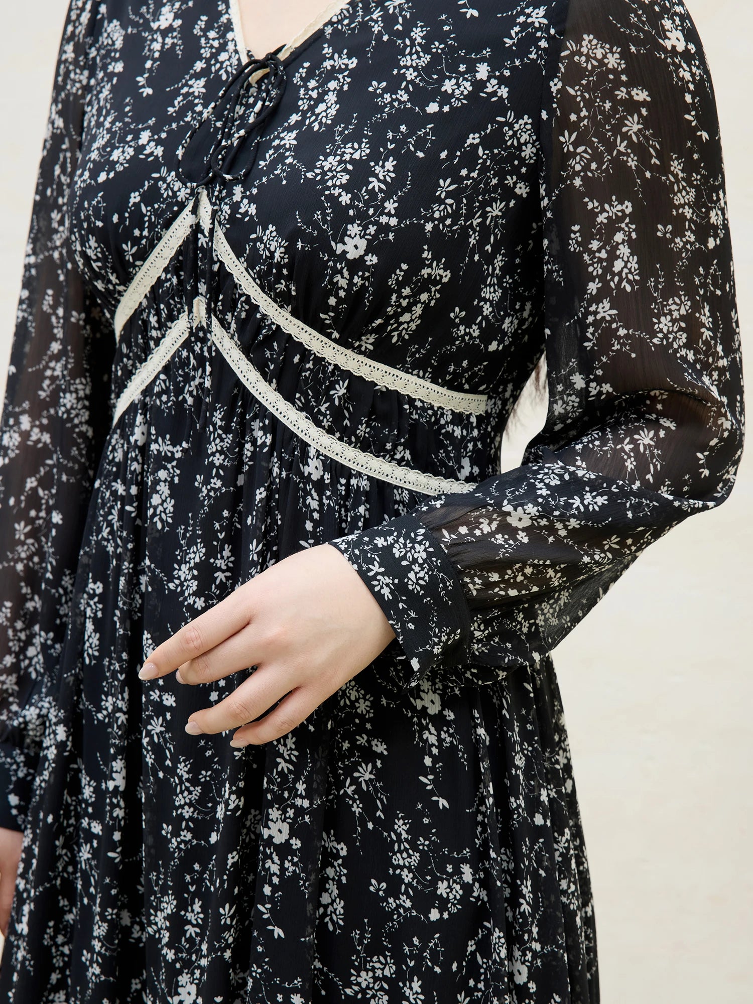 DUSHU Office Lady Women's Flowing Umbrella Chiffon V-neck Lace Dress 2025 Spring Fashion Midi Casual Loose Dress 25DS81218