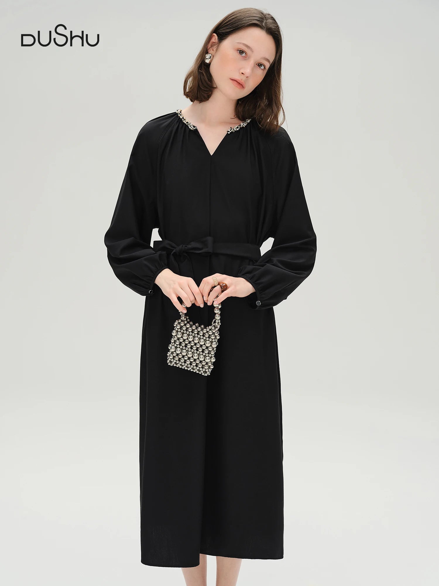 DUSHU Plus Size Fashion Casual Long Black Dress For Women 2025 Autumn New Arrival Commuting All-match Dress 25DS83283