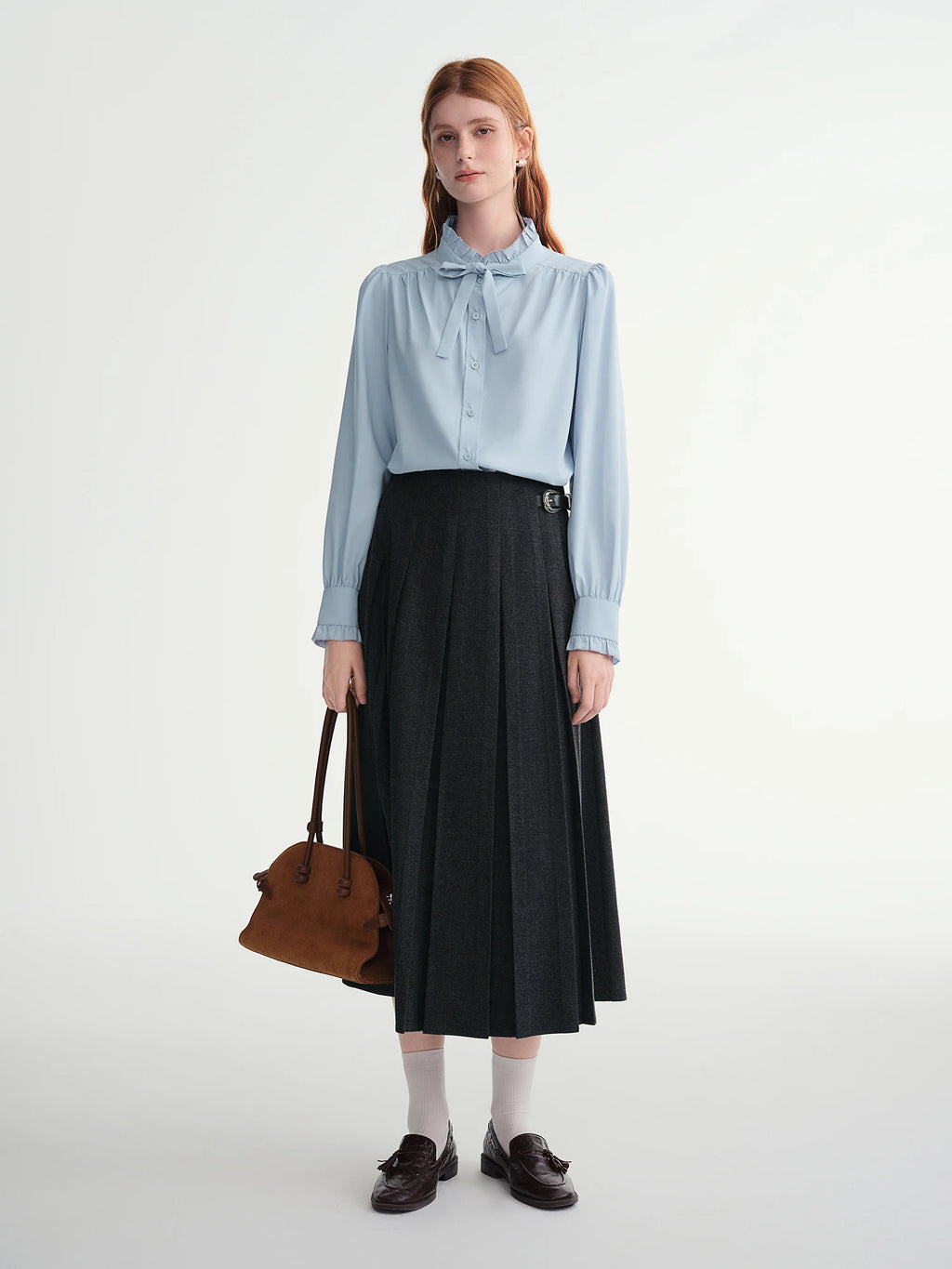 DUSHU Long Pleated Skirt Women Gray Solid Simple Basics 2025 Autumn and Winter High Waist A-line Mini Skirt Korean Style