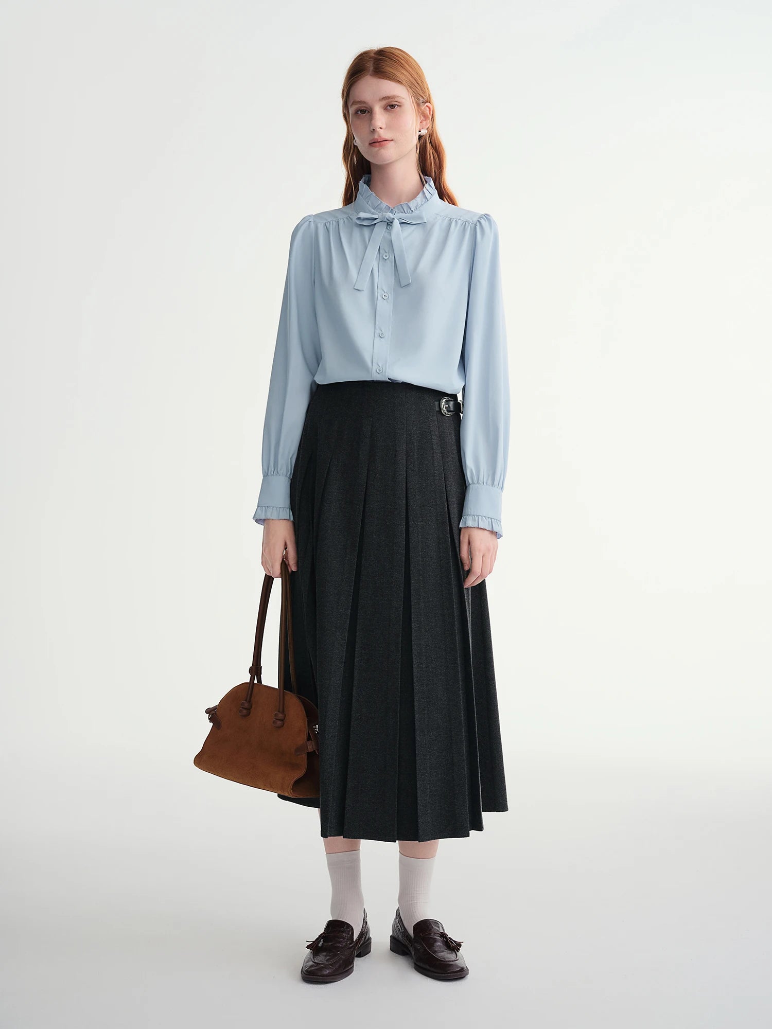 DUSHU Long Pleated Skirt Women Gray Solid Simple Basics 2025 Autumn and Winter High Waist A-line Mini Skirt Korean Style
