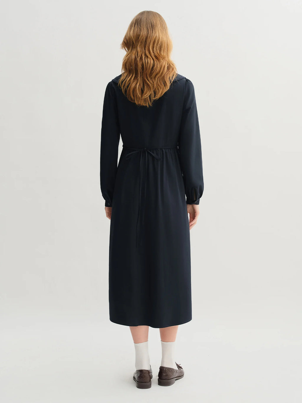 DUSHU Plus Size Women's College Style Navy Collar Ribbon Dress 2025 Autumn New Arrival High Waist Slimming Dress 25DS83299