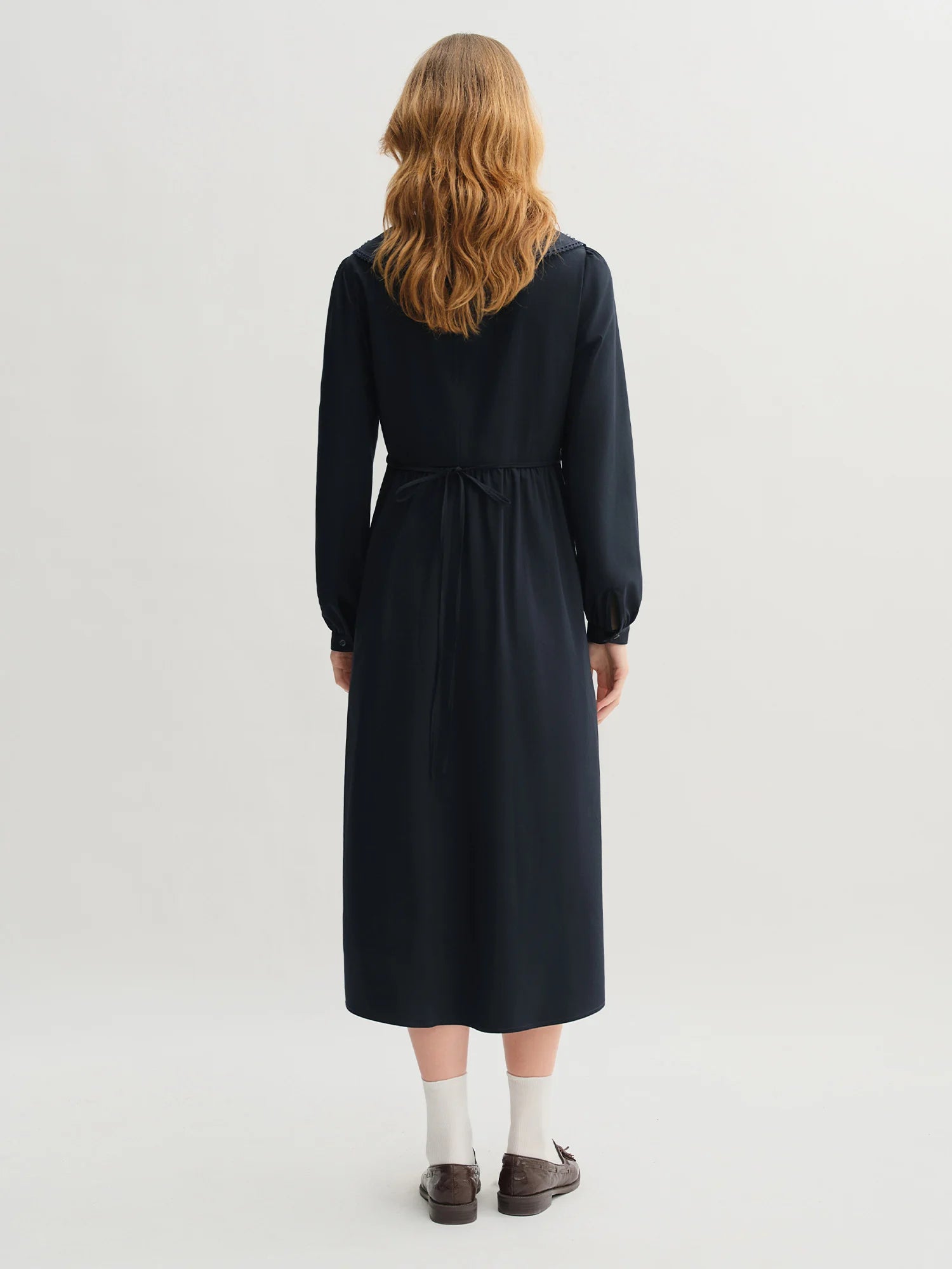 DUSHU Plus Size Women's College Style Navy Collar Ribbon Dress 2025 Autumn New Arrival High Waist Slimming Dress 25DS83299
