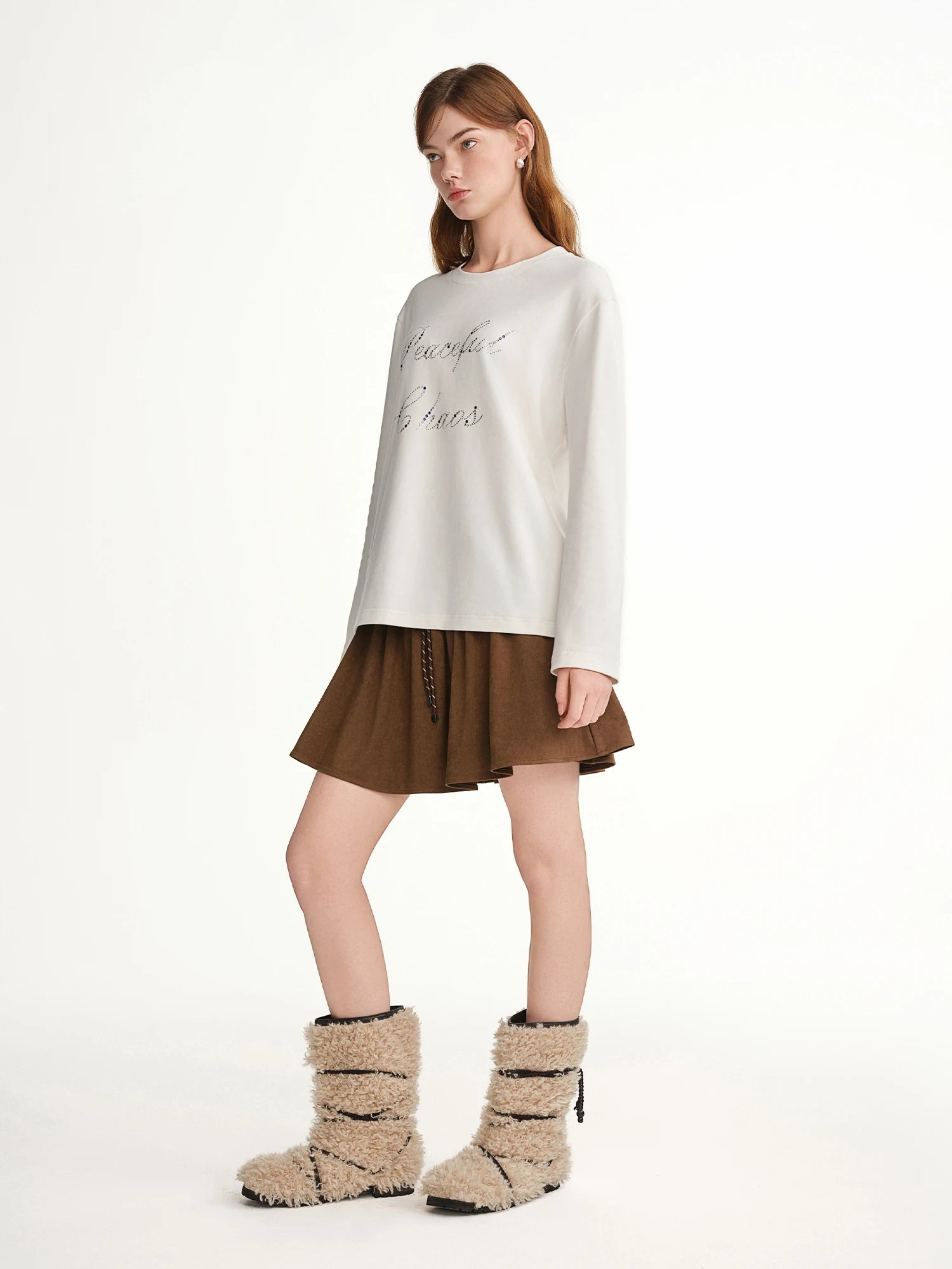 DUSHU Elegant Sparkling Shine Embellished Letter Long Sleeve Crew Neck Women's Base Layer T-Shirt 2025 Autumn Winter New Arrival