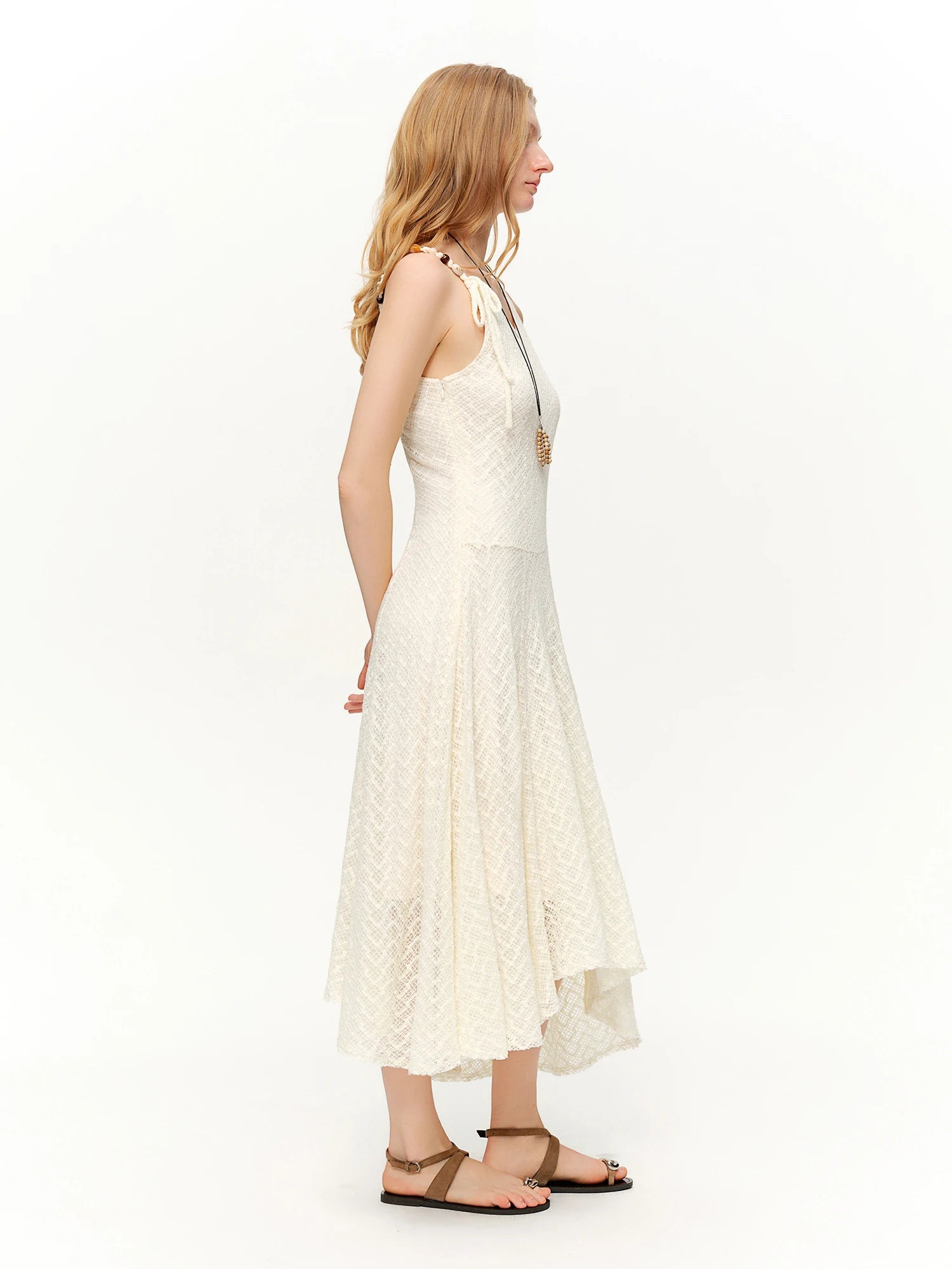 DUSHU Lace Mesh Irregular V-neck Dress New Spring White High-waisted Slim Suspender Pleated Sundress Fairycore Tender Leisure