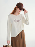 DUSHU Letter Embroidery T-Shirt Women 2025 Autumn Winter Vintage American Style Long Sleeve Top Casual Streetwear Basic Tee