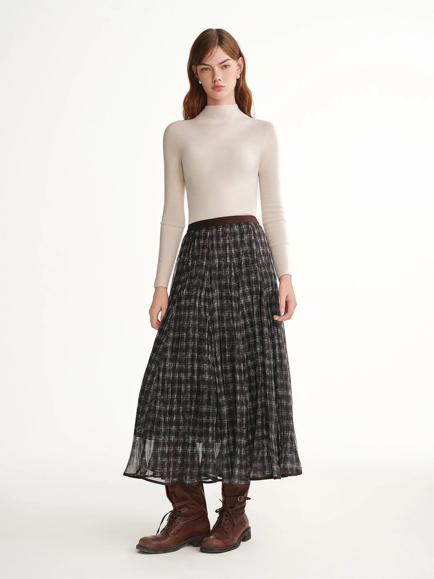 DUSHU Blue Brown Plaid Tulle Pleated Plaid Midi Skirt Women A-line Irregular Midi Skirt for Winter Vintage Fairy Personality Ins