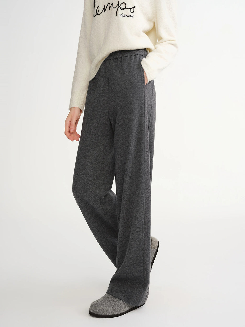 DUSHU Plus-Size Women's Elastic Waist Embroidered Straight-Leg Front-Seam Slimming Winter Wide-Leg Pants French Design Elements