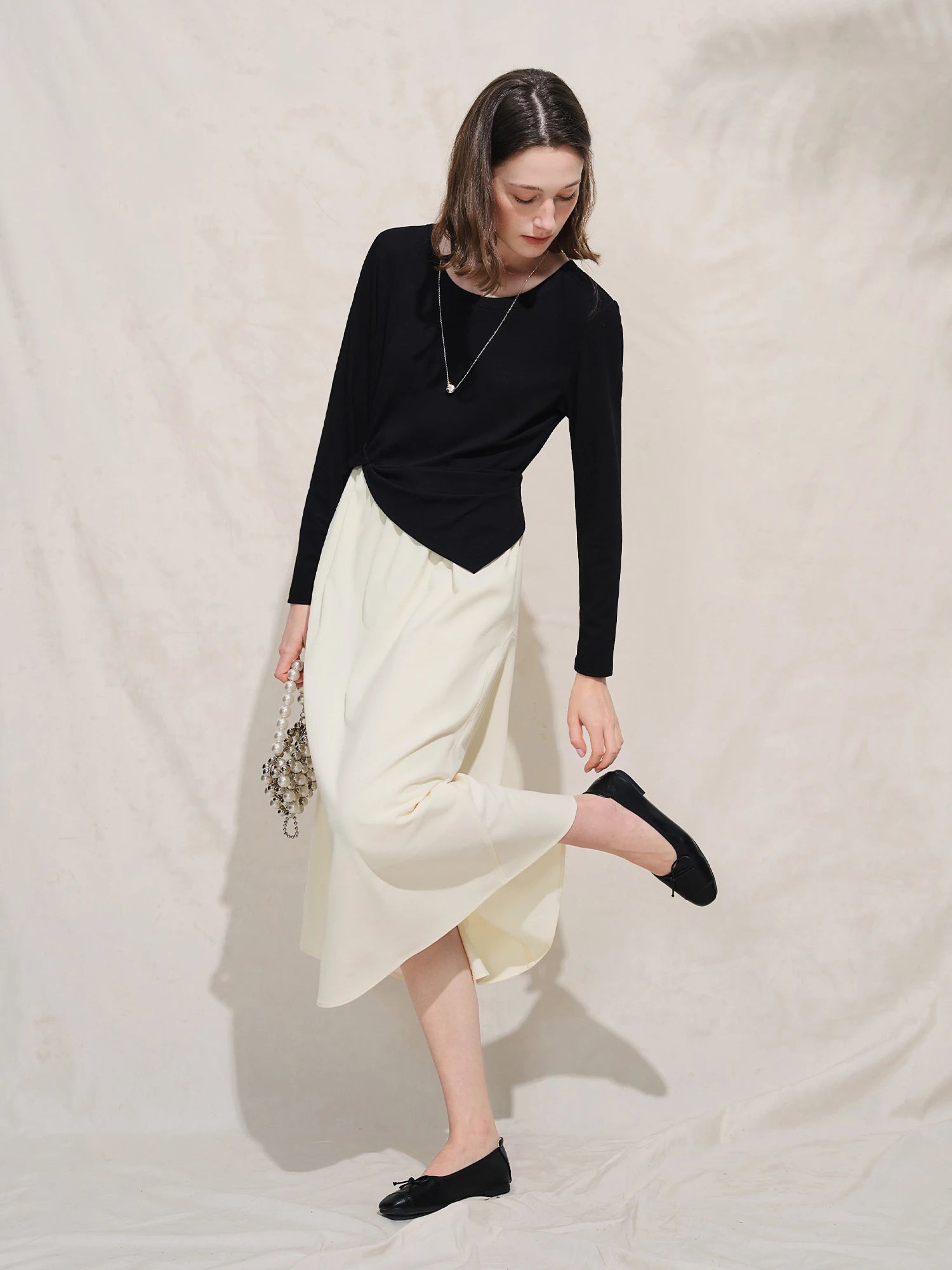 DUSHU Autumn 2025 Women's French Style Color Block Dress - Contrast Panel Shift Workwear Midi Skirt with Flattering Fit