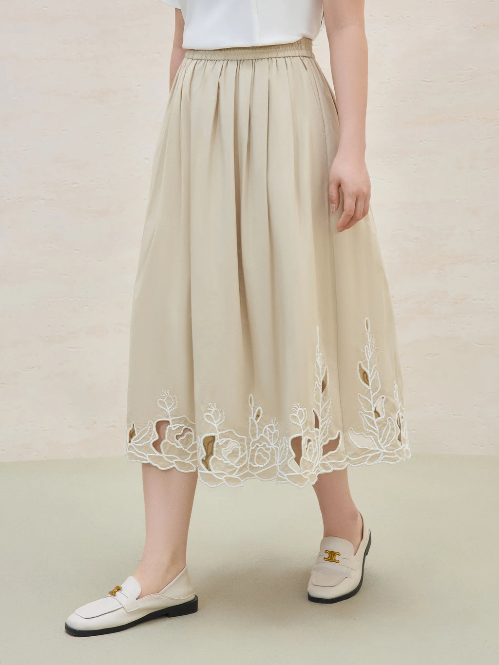 DUSHU Women Summer Khaki Long Skirts High Waist Elastic Waist Embroidered Hollow Design Female Cotton Skirt 25DS82121