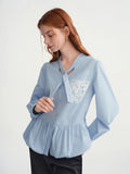 DUSHU Plus-Size Women's Relaxed Lace Collar French-Style Shirt with Subtle Design and Lace Patch Pocket 2025 Winter New Arrival