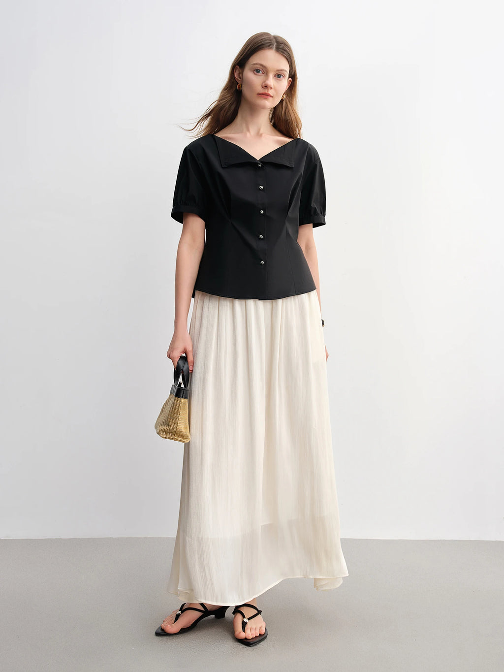 DUSHU Simple Elegance Solid Color Strapless Slim-Fit Summer Top Women Shirts Black White Blouses Tees 25DS82987
