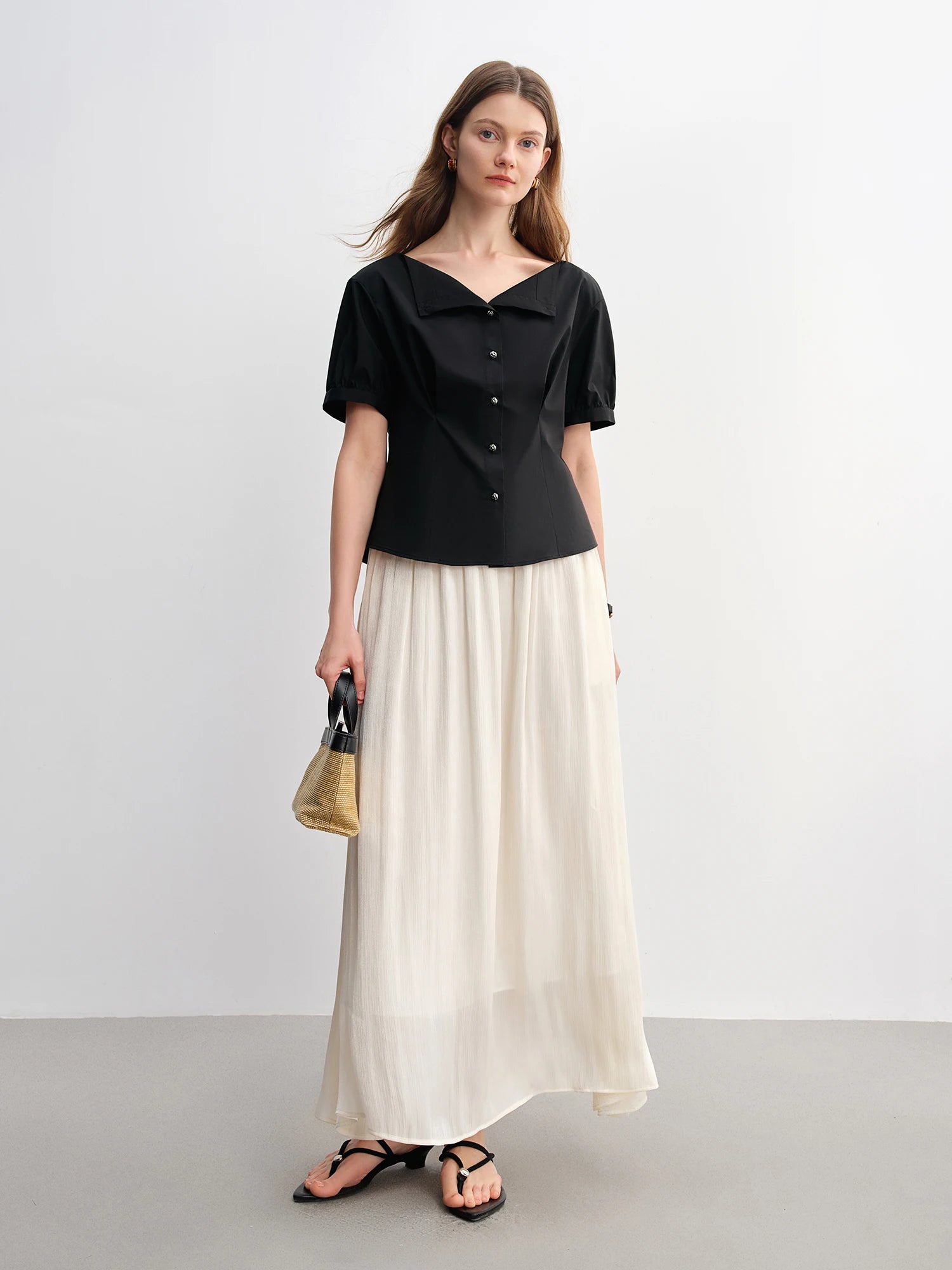 DUSHU Simple Elegance Solid Color Strapless Slim-Fit Summer Top Women Shirts Black White Blouses Tees 25DS82987