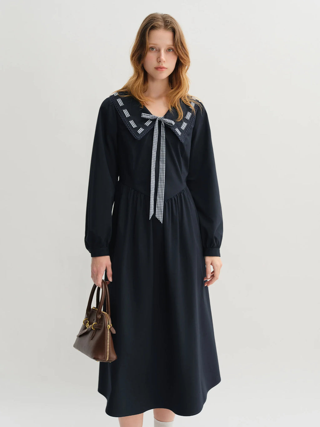 DUSHU Plus Size Women's College Style Navy Collar Ribbon Dress 2025 Autumn New Arrival High Waist Slimming Dress 25DS83299