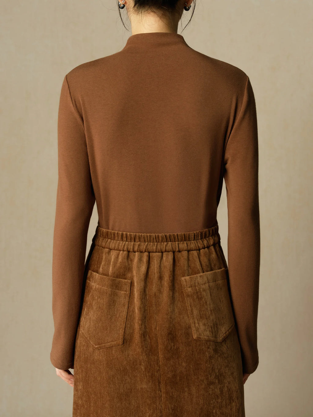 DUSHU Women Vest Sets Brown Short Vest Coats Back Elastic Waist Long A-LINE Skirt Pullover Tops 24DS84604+24DS84605+24DS84606