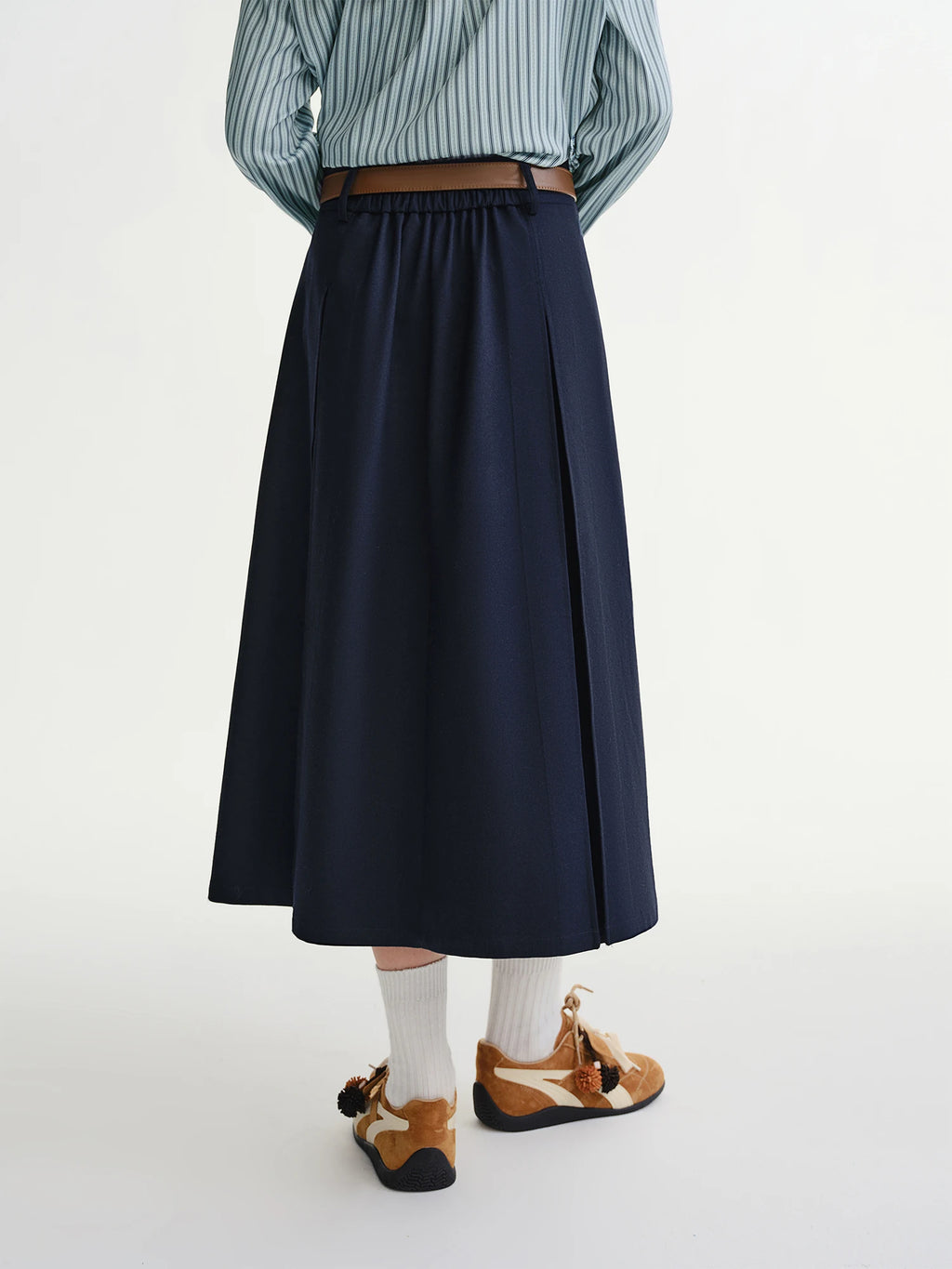 DUSHU Plus-size Women's Deep Blue Gathered Commute High-waisted Pleated Skirt Winter 2025, Perfect for Curvy Figures Women Skirt
