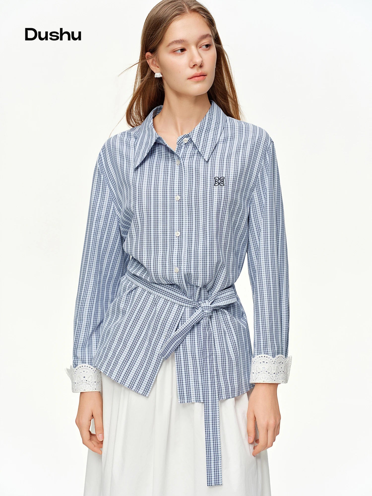 DUSHU 2025 Spring Women's Lace Trim Jacquard Striped Shirt - Tie Waist Blouse with Floral Pattern for Casual and Office Wear