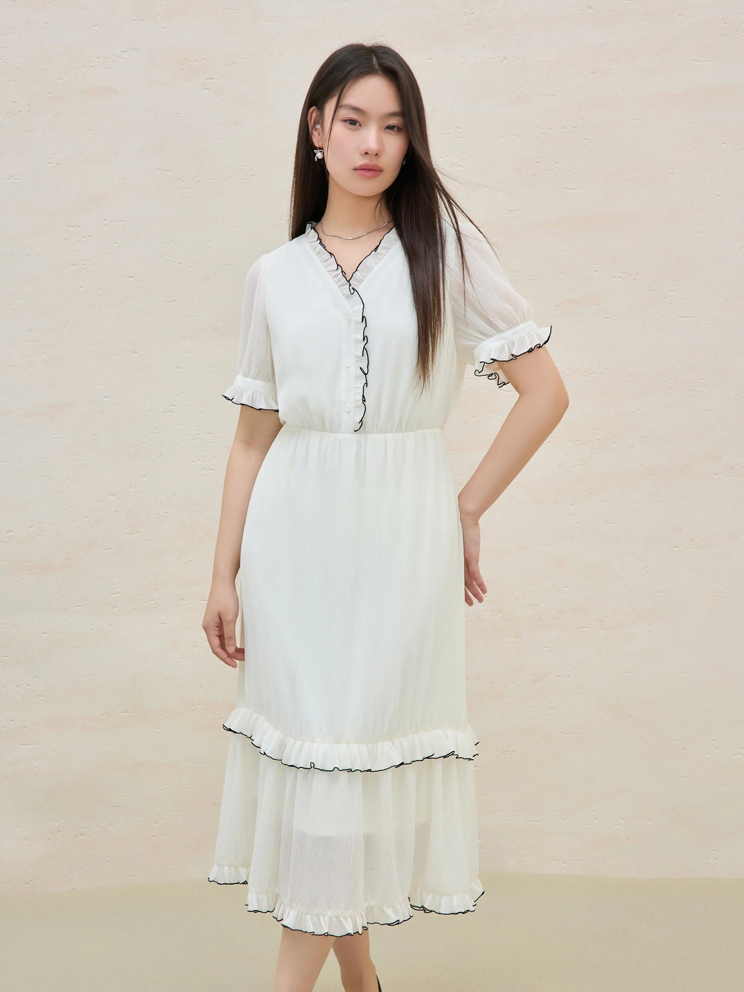 DUSHU Plus Size Women's French Temperament V-neck Contrast Color Dress 2025 Summer New Gentle Style Age-reducing Dress 25DS82327