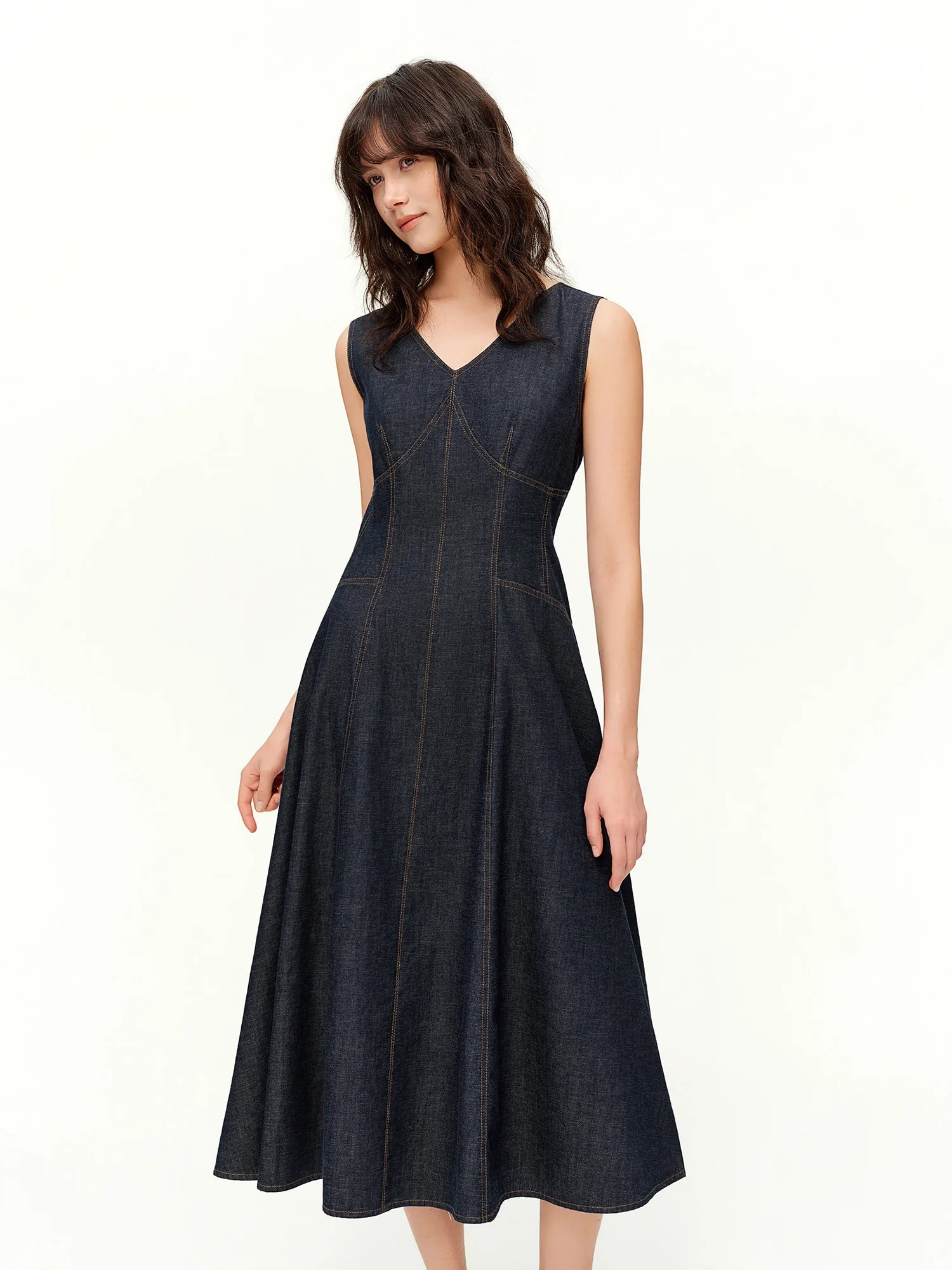 DUSHU Sculpted Dresses Sleeveless Women 2026 Spring New Style Denim Midi A-line Waist-defined Simple Commuting