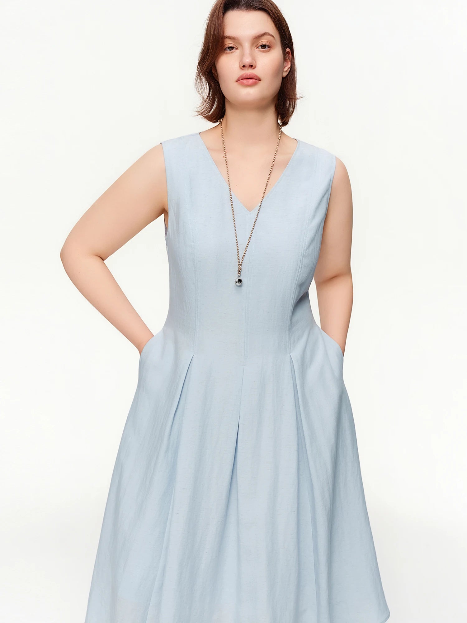 DUSHU 2026 Spring Women's Two-Tone Waist-Defining Sleeveless Maxi Dress - Linen Blend Elegant Long Dress for Vacation