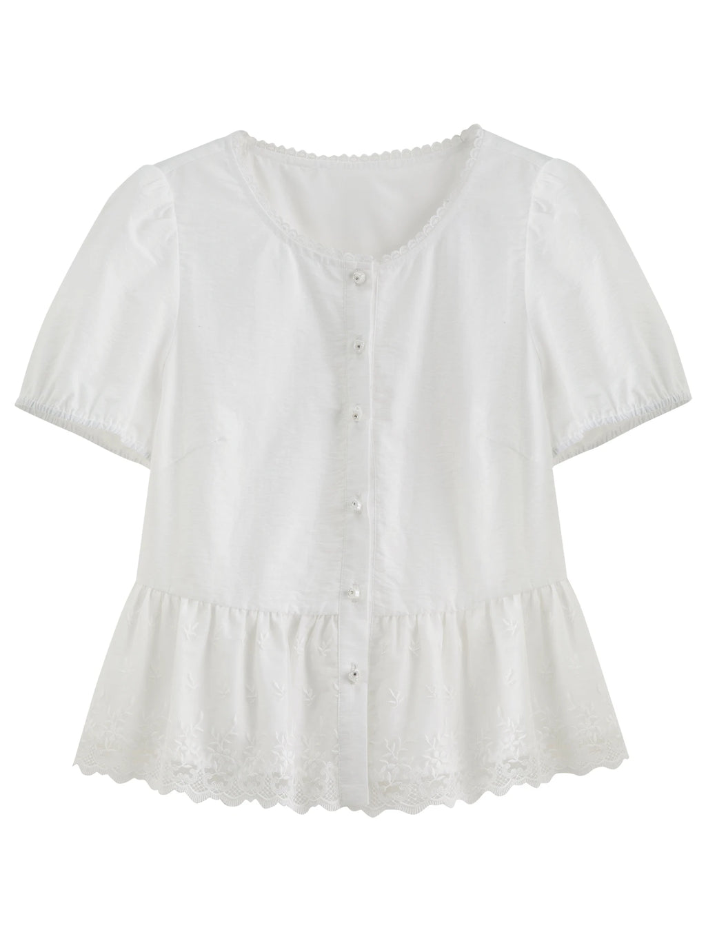 DUSHU Summer 2025 Textured Blouse - Relaxed Fit Lace Contrast Panels Casual Short Sleeve Resort to Office Top