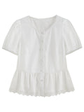 DUSHU Summer 2025 Textured Blouse - Relaxed Fit Lace Contrast Panels Casual Short Sleeve Resort to Office Top
