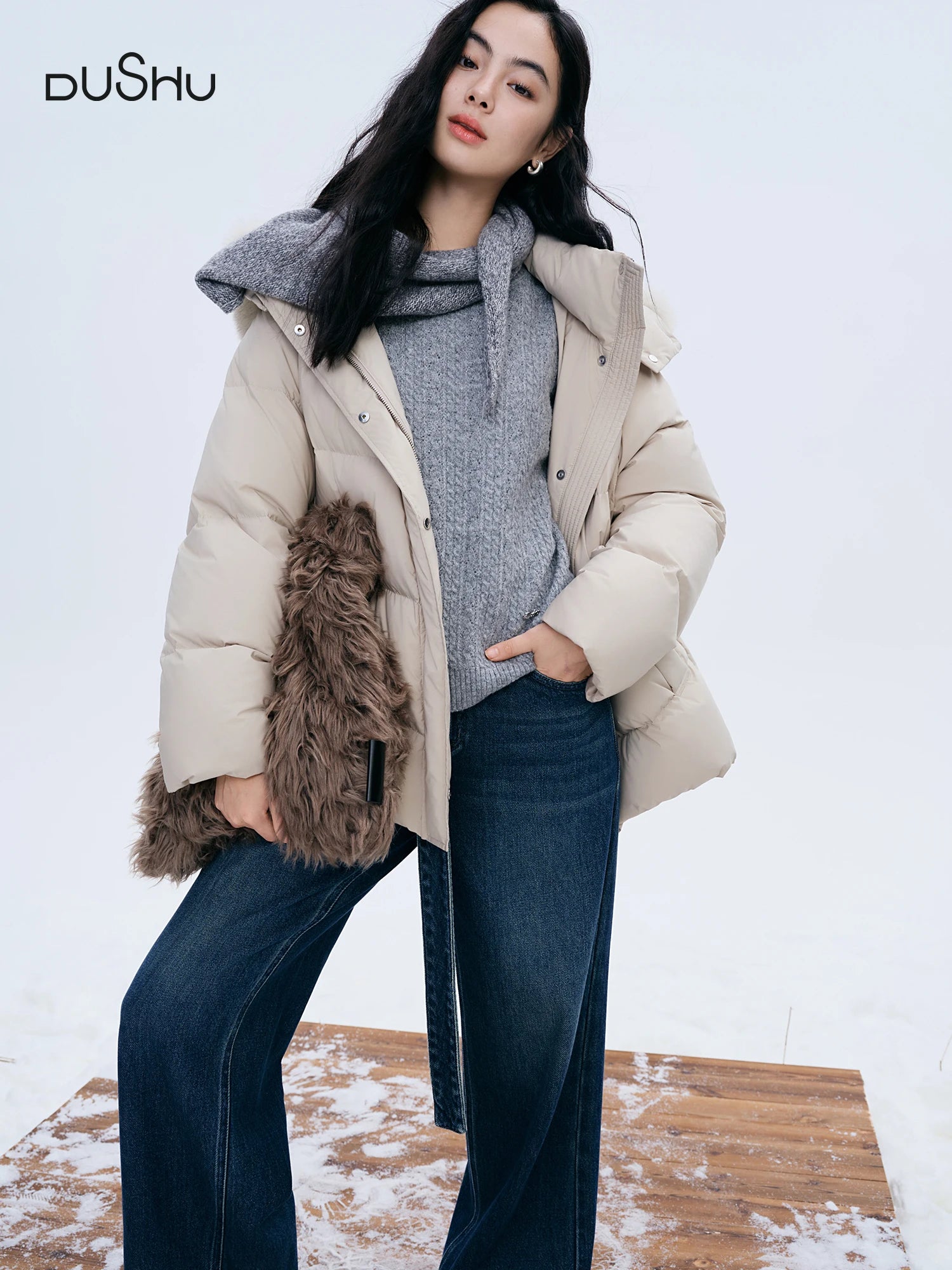 DUSHU Puff Down Jacket Long and Short Styles of Goose Down Jacket Women Fox Fur Collar 2025 Winter Outerwear Simple Commuting