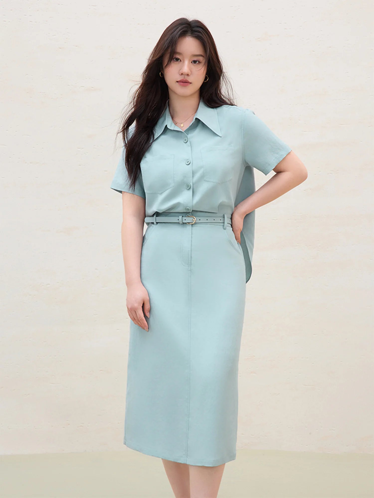 DUSHU Plus Size Women Simple Commuter Shirt Dress 2025 New Arrival Design Lyocell Versatile Casual Blue Long Dress 25DS82498
