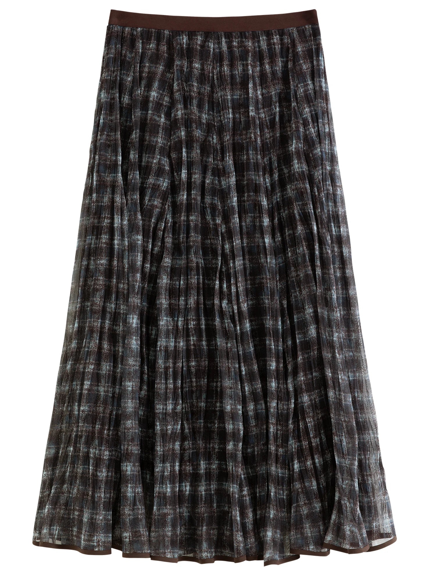 DUSHU Blue Brown Plaid Tulle Pleated Plaid Midi Skirt Women A-line Irregular Midi Skirt for Winter Vintage Fairy Personality Ins
