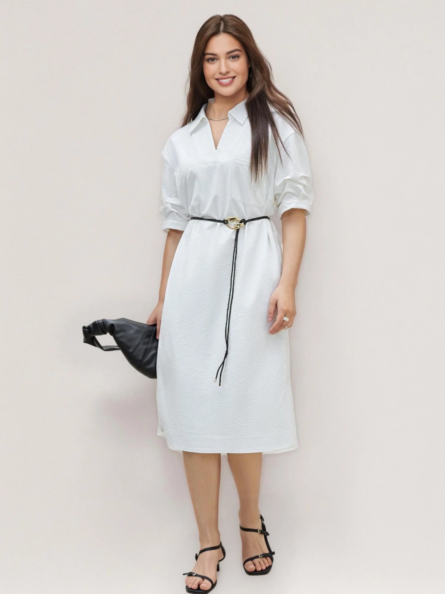 DUSHU Plus Size Women Minimalist V-neck Pleated Sleeve Dress 2025 Summer New Temperament Commuting Workplace Wear 25DS82356