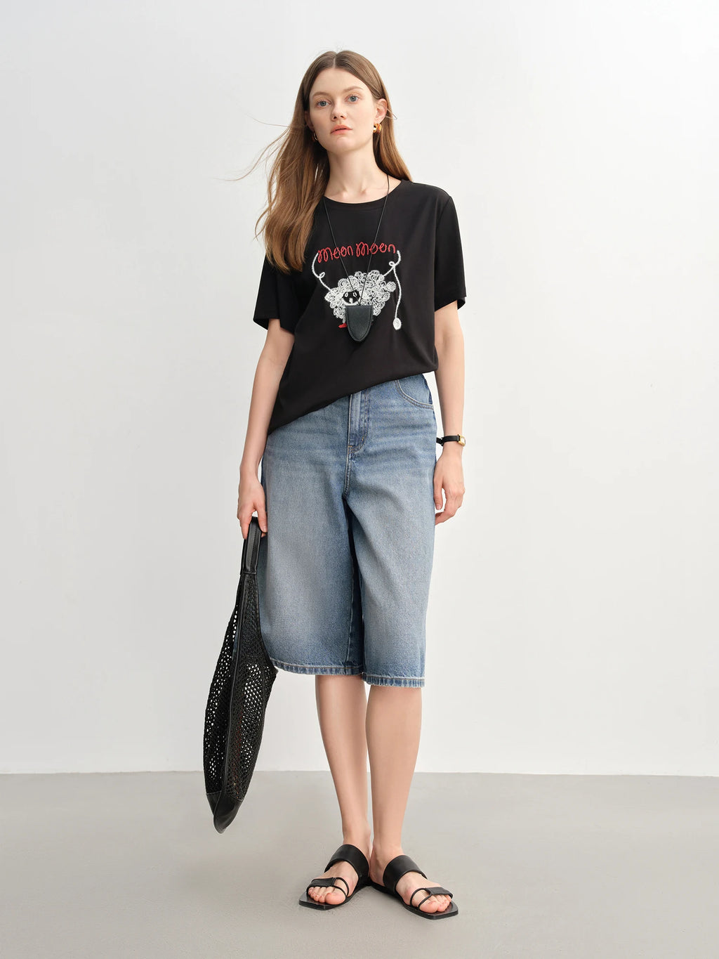 DUSHU Letter Embroidered Lamb Round Neck Short-sleeved T-shirt 2025 Summer Fashion All-match Slim Top 25DS82835