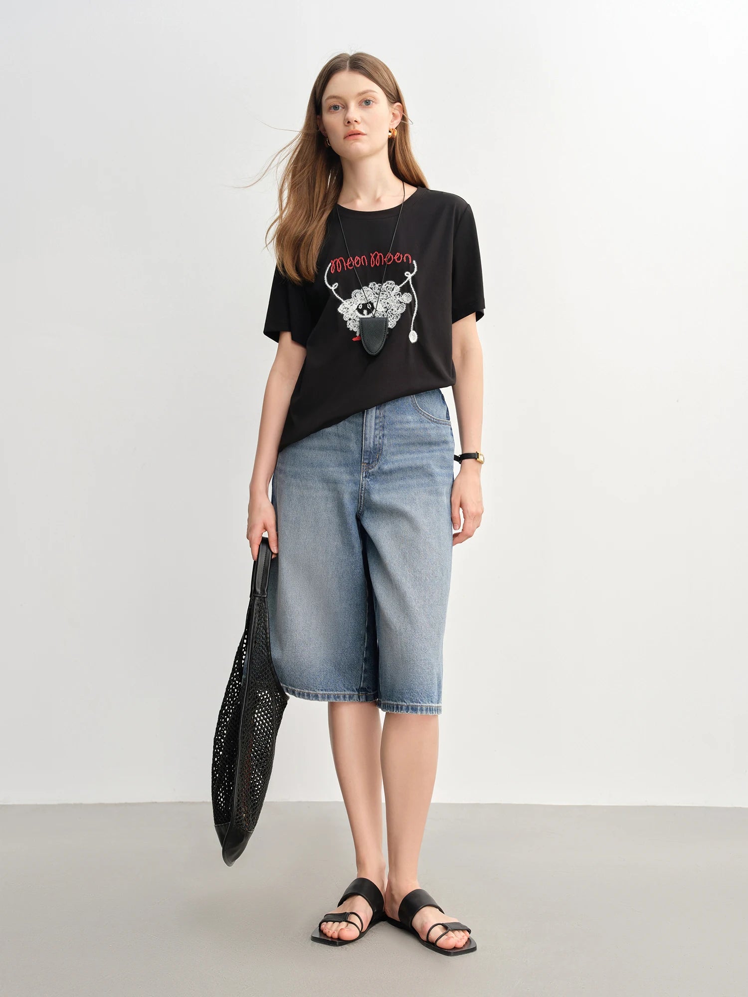 DUSHU Letter Embroidered Lamb Round Neck Short-sleeved T-shirt 2025 Summer Fashion All-match Slim Top 25DS82835