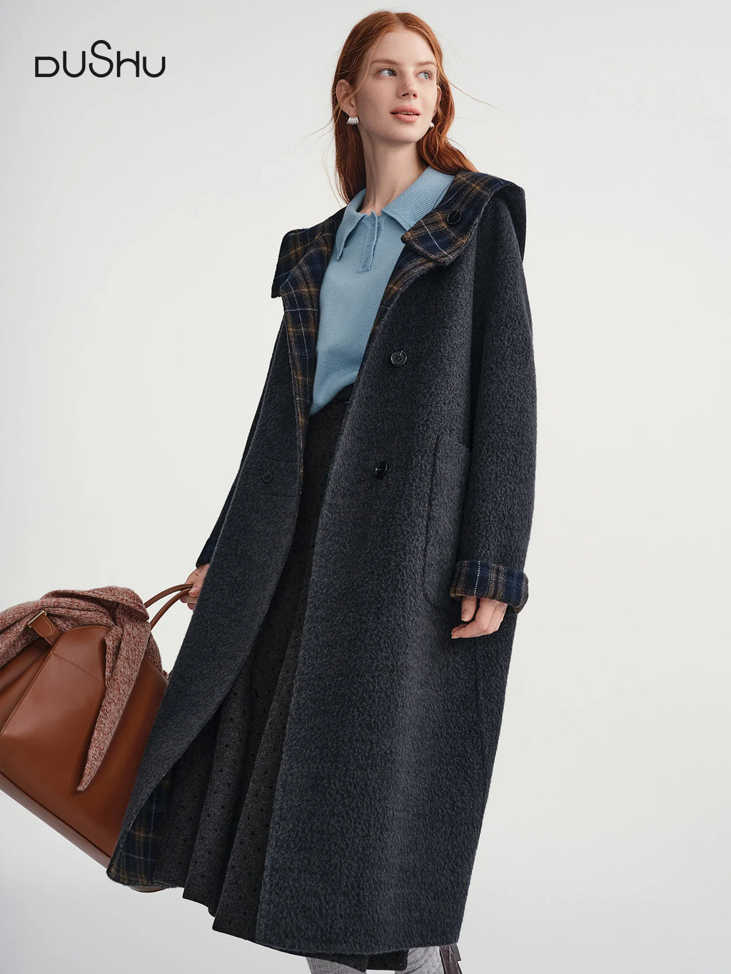 DUSHU 2025 Women's Reversible Hooded Wool Blend Coat Double Faced Trench Parka British Style Outerwear Casual Long Sleeve