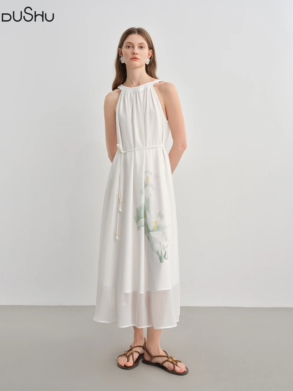DUSHU 2025 Summer Women's Curve-Flattering Halter Neck Dress - Elegant Wrap Design & Breathable Chiffon for Chic Occasions