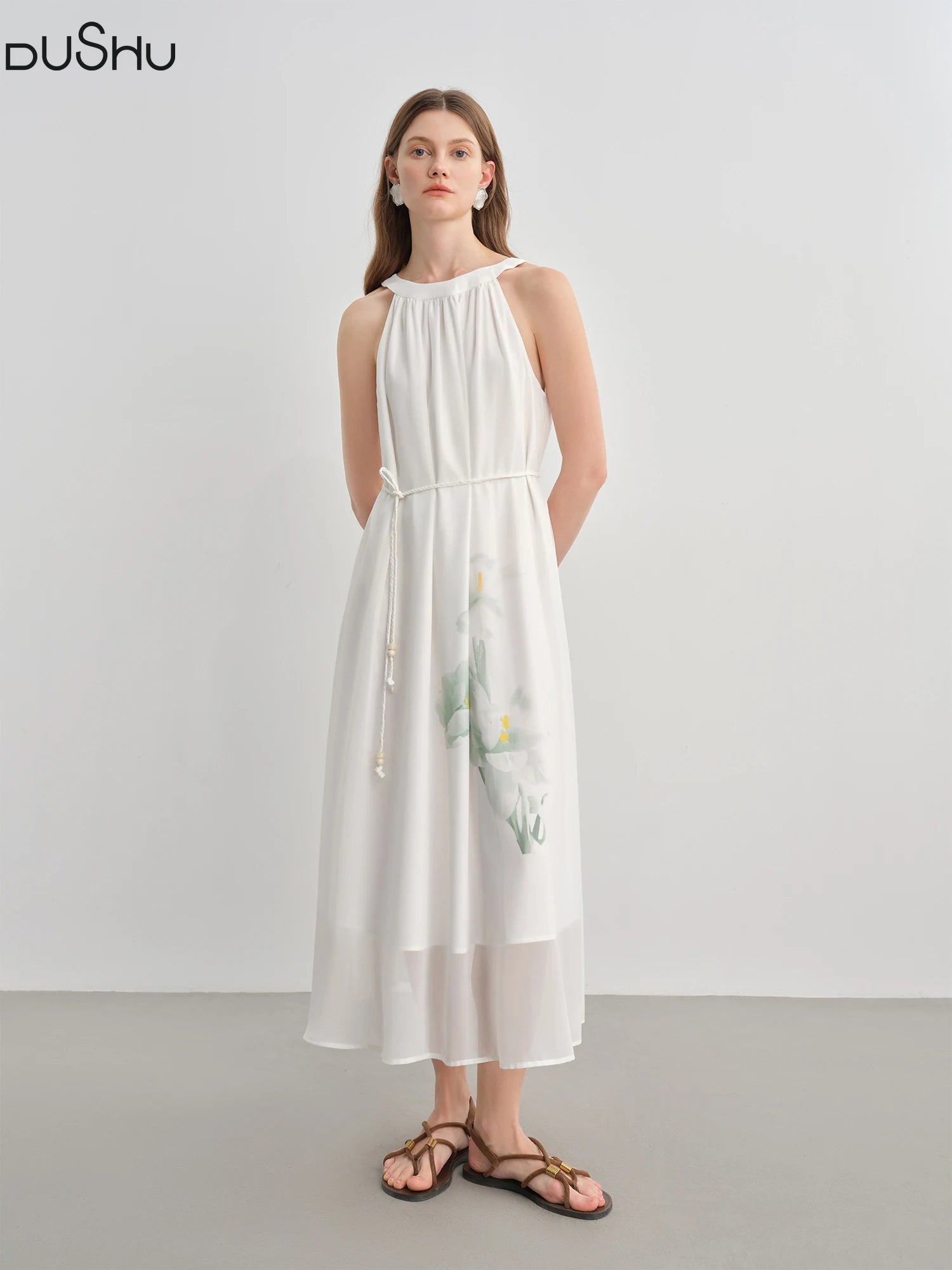 DUSHU 2025 Summer Women's Curve-Flattering Halter Neck Dress - Elegant Wrap Design & Breathable Chiffon for Chic Occasions