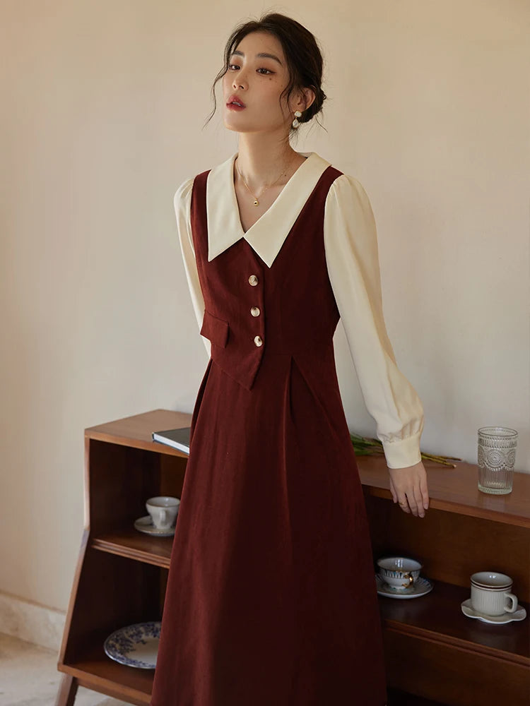 DUSHU Color Contrast Fake Two Pieces Vintage Dress For Women Autumn Winter 2022 Deep Red Black Women Solid Casual Dress