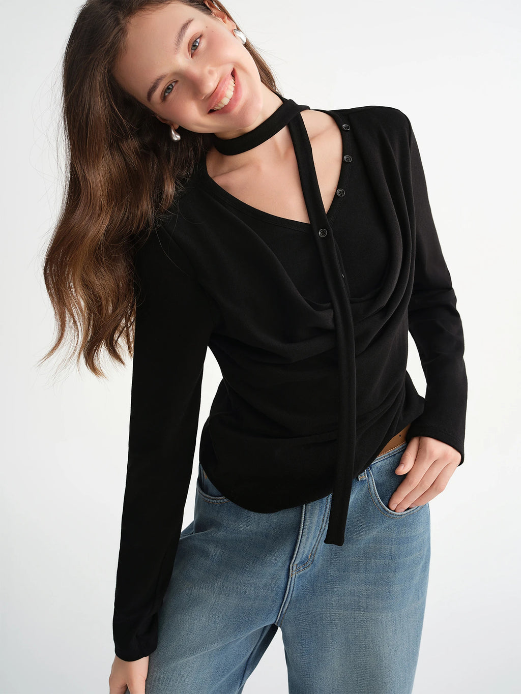 DUSHU Plus-Size Women Layered Art Long-Sleeve T-Shirt with Floating Ribbon neckline Mock Two-Piece Slimming Top for Curvy Women