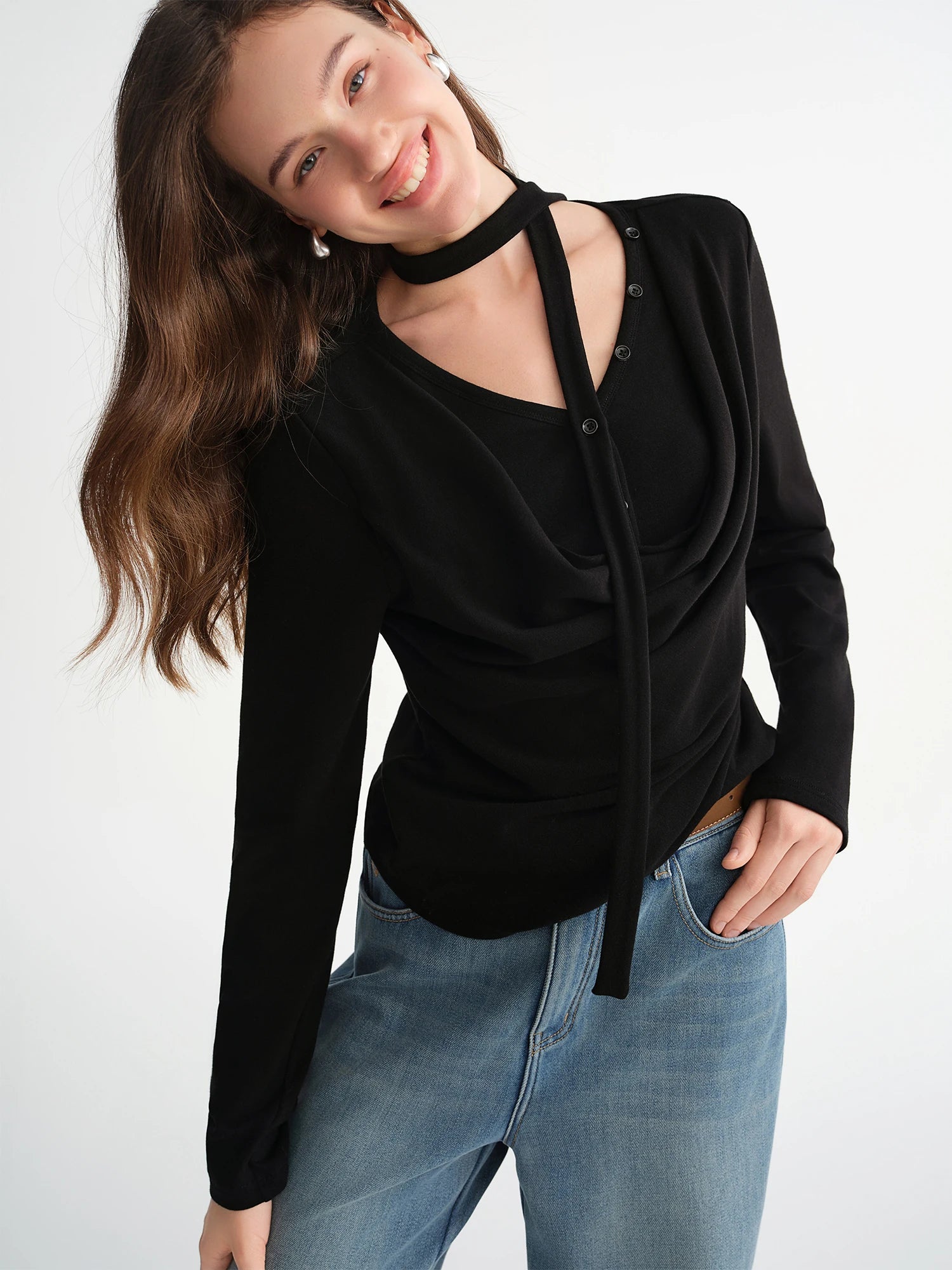 DUSHU Plus-Size Women Layered Art Long-Sleeve T-Shirt with Floating Ribbon neckline Mock Two-Piece Slimming Top for Curvy Women