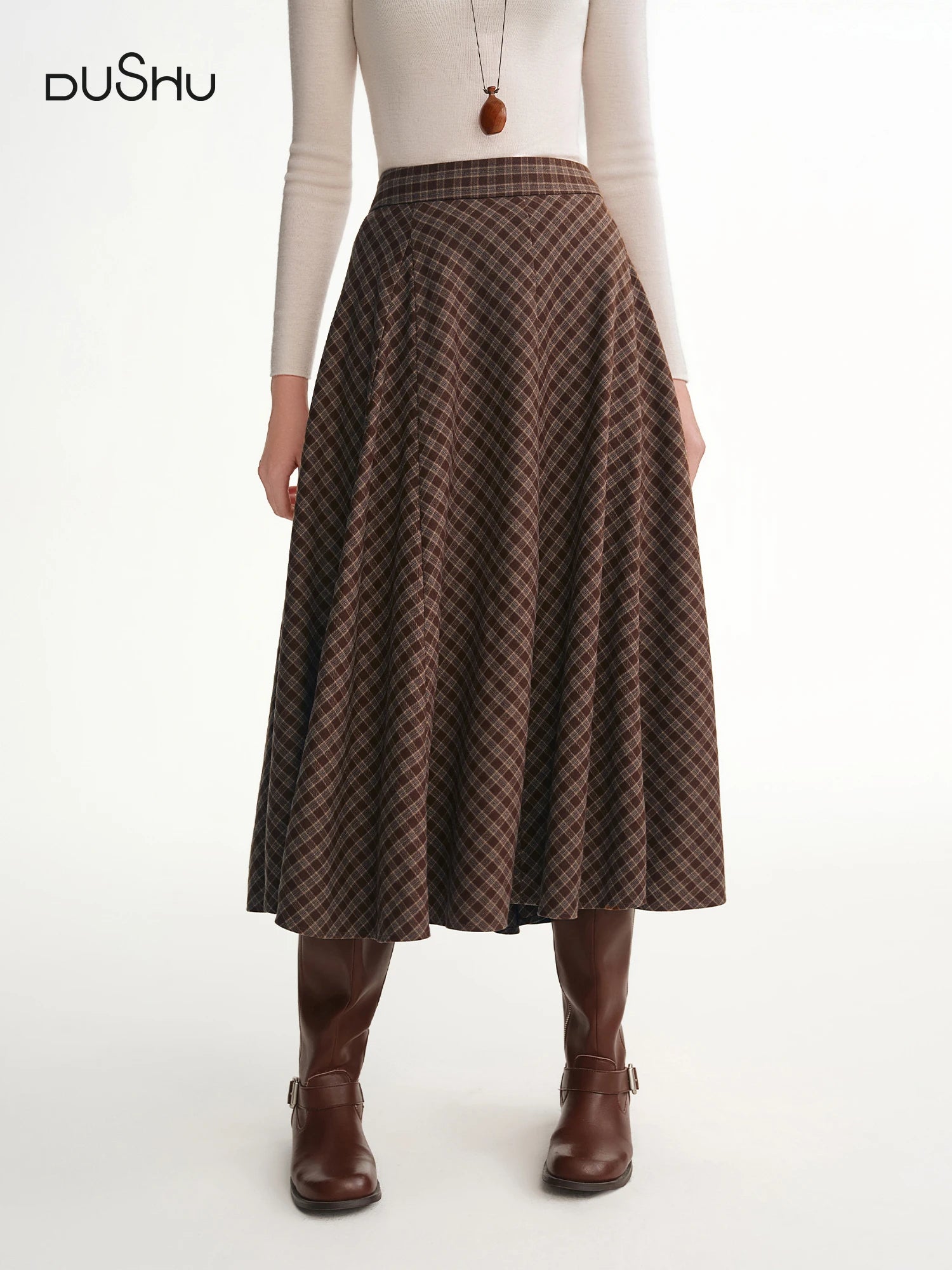 DUSHU 2025 Winter Plus Size Plaid A-Line Skirt Caramel Waffle Pattern High Waist Midi Casual Elegant Retro Skirt Casual Looks
