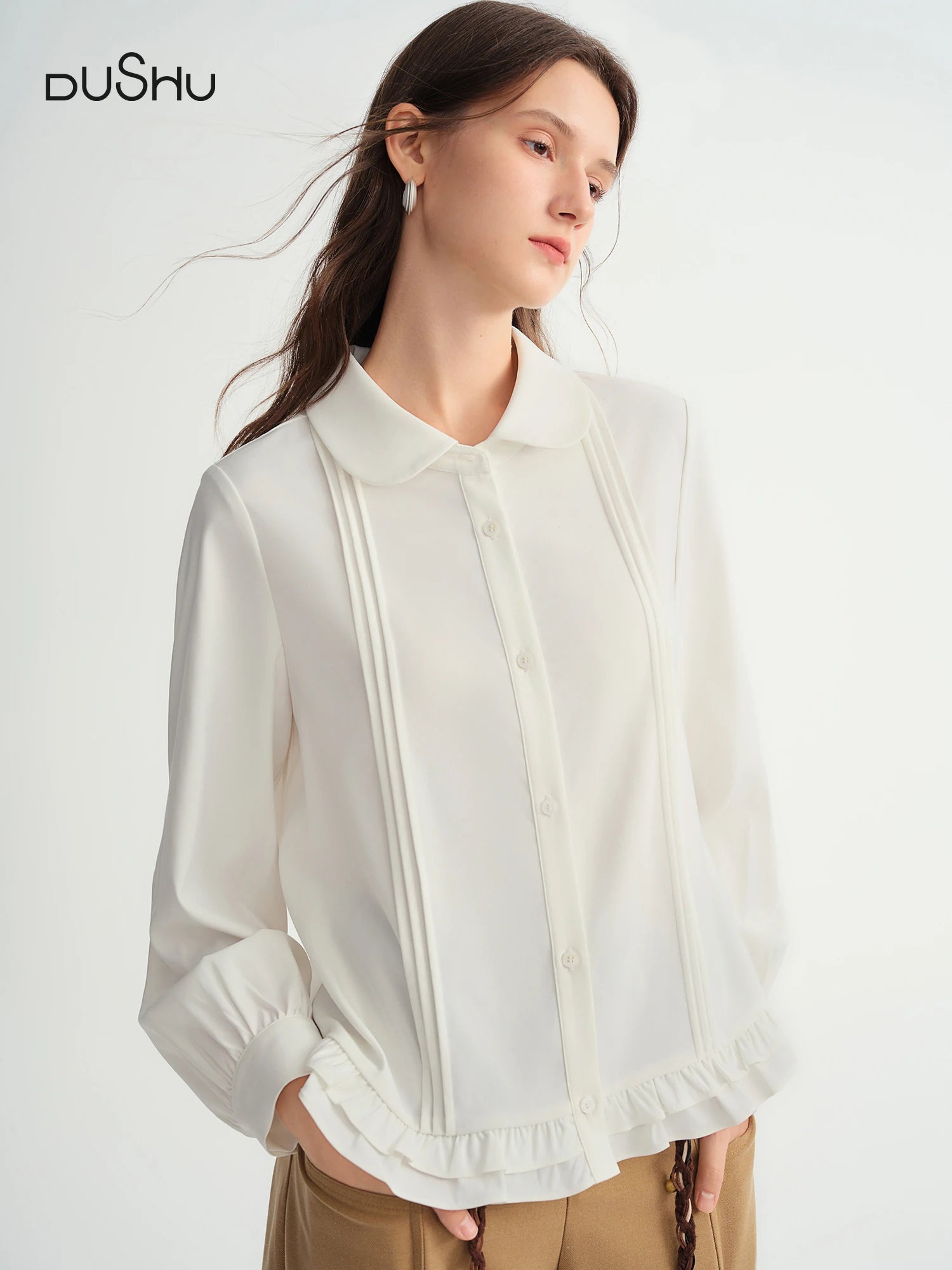 DUSHU Plus-size Women Clothing 【Sweet Tea Girl】 Striped Gathered Wooden Ear neckline and hem Babydoll Dress 2025 Winter Shirt