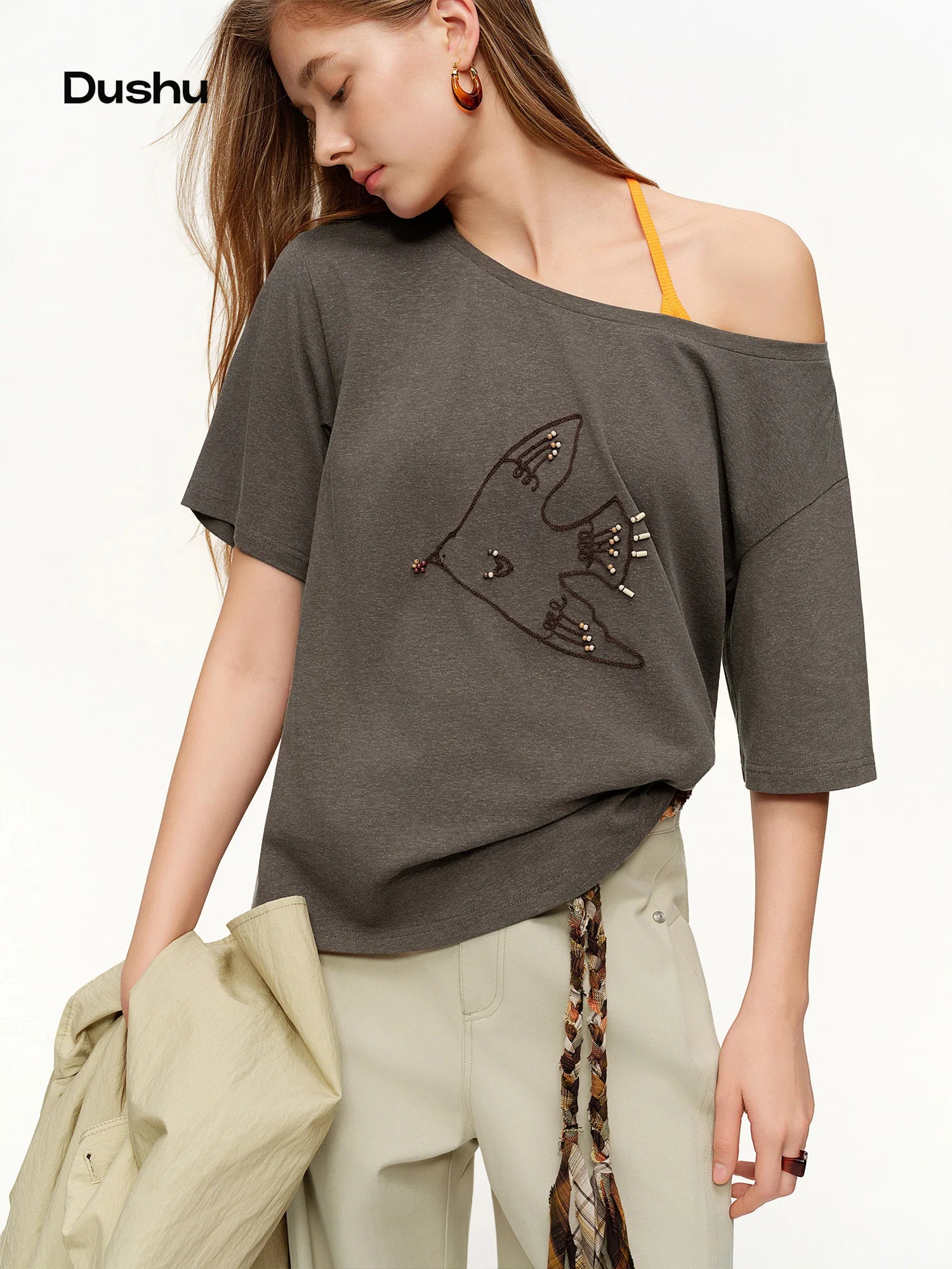 DUSHU Layering for Women Fashion Chain-Embroidered Pearl-Adorned Tank Top Linen-Blend Short Sleeve Off-Shoulder Cotton T-Shirt