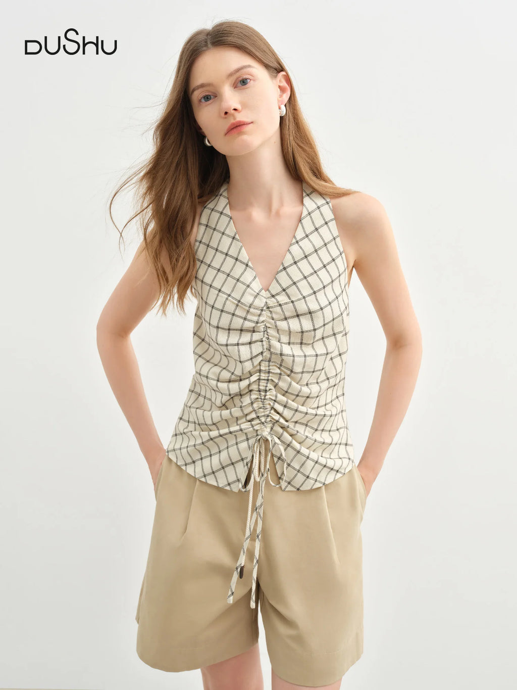 DUSHU Women's Sleeveless Plaid Pleated Blouse with Strapless Neckline 2025 Slimming Stylish Women's Top 25DS82578