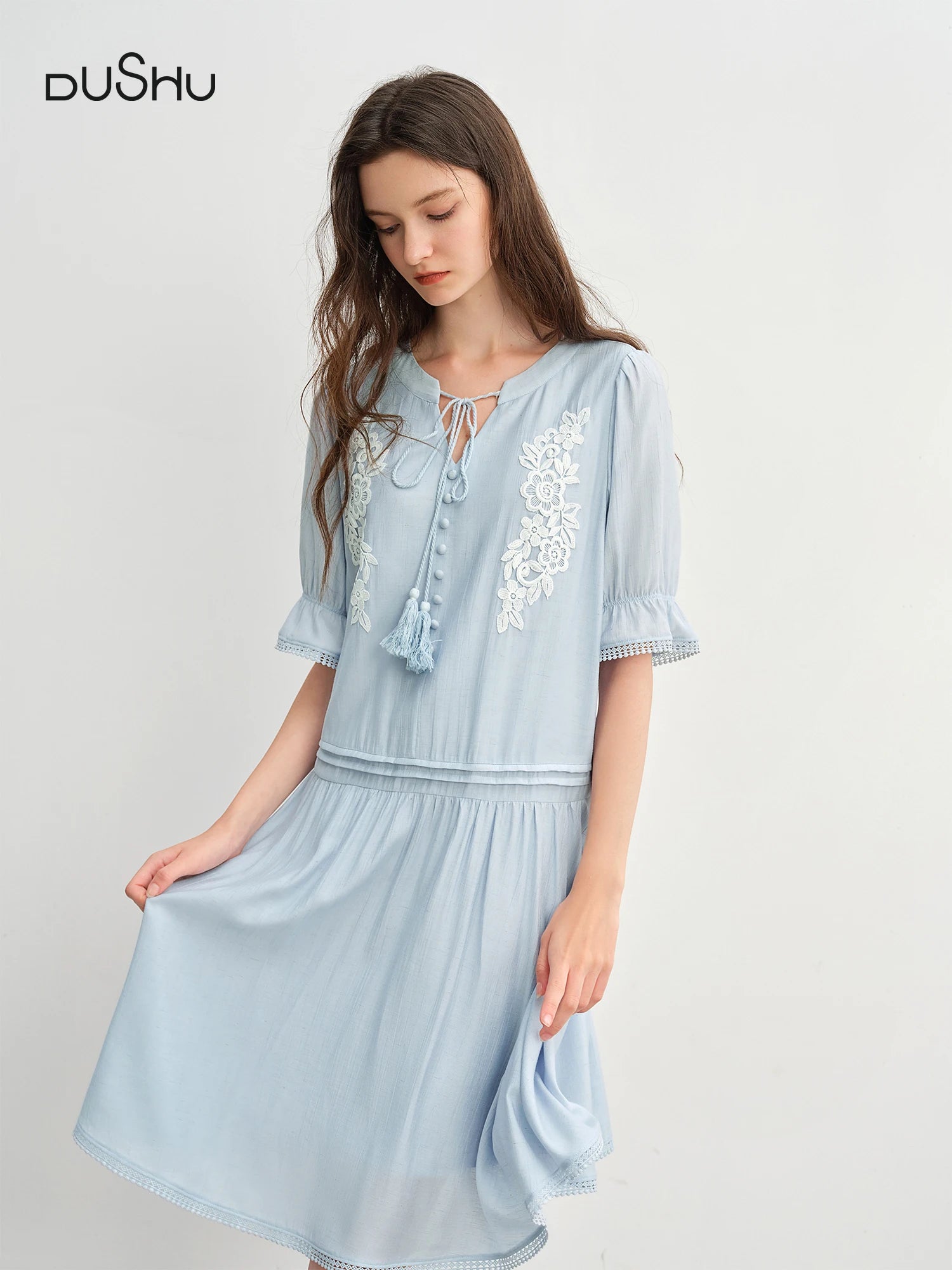 DUSHU Tassel Strap Embroidered Dress 2025 Summer New Arrival Midi Dress 25DS82898