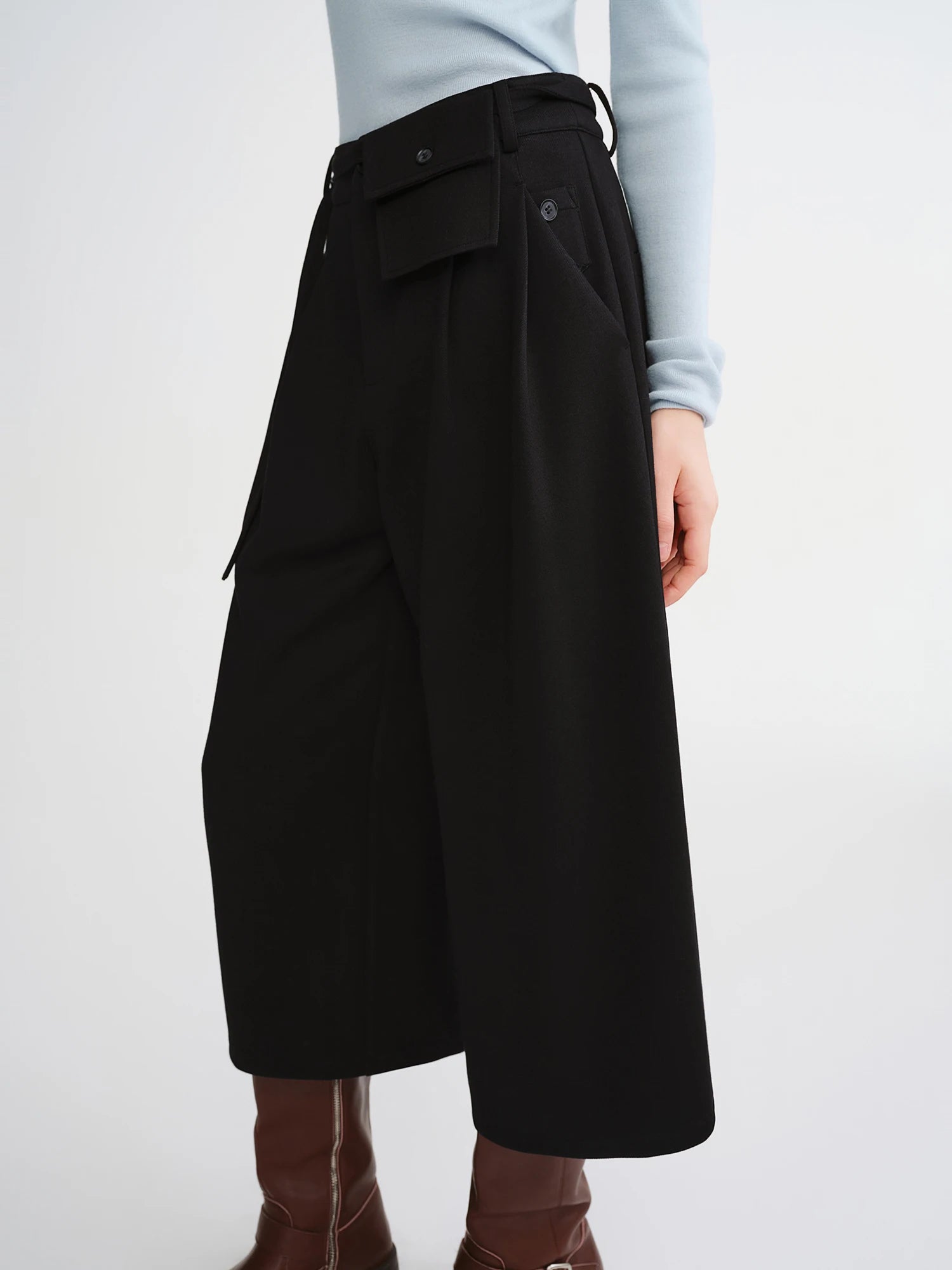 DUSHU Waist Bag Decorated Pleated Three-quarter Wide-leg Pants 2025 Winter Casual Pants Women Retro Casual Ins French Style